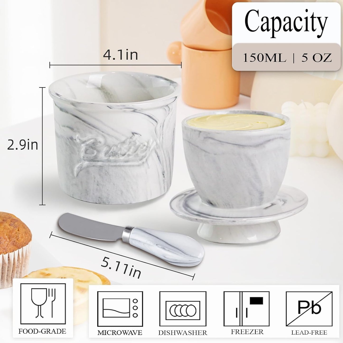 Ceramic Butter Crock with Lid & Spreader Knife, Butter Keeper - Ideal Butter Storage & Countertop Butter Dish, Marble White