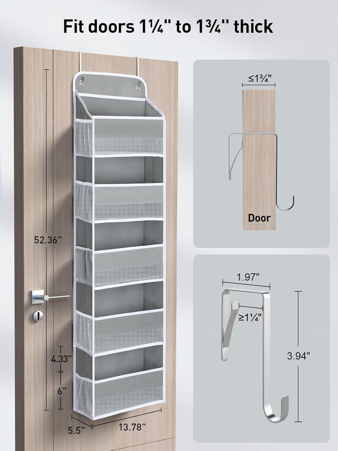 Yecaye 2 Pc Over The Door Organizer with 5 Bins 10 Side Pockets, 44lbs Load Hanging Bathroom and Bedroom Organizer, Behind The Door Hanging Organizers for Nursery Newborn Baby Essential Stuff Grey
