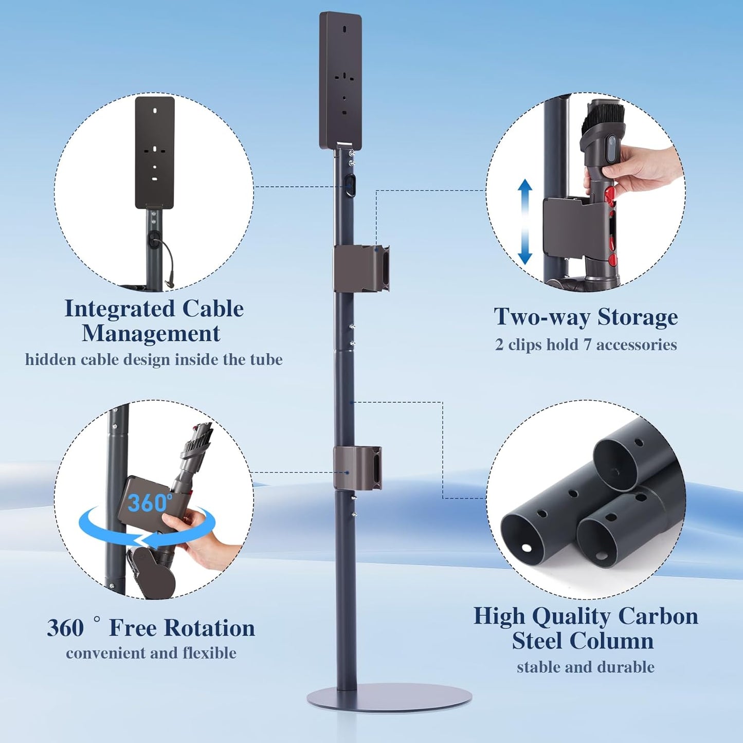 Vacuum Stand Compatible with Dyson V15, V12, V11, V10, V8, V7, Carbon Steel Floor Dock, Storage Holder with Built-in Cable Slot, 2 Clips for 7 Attachment Holder