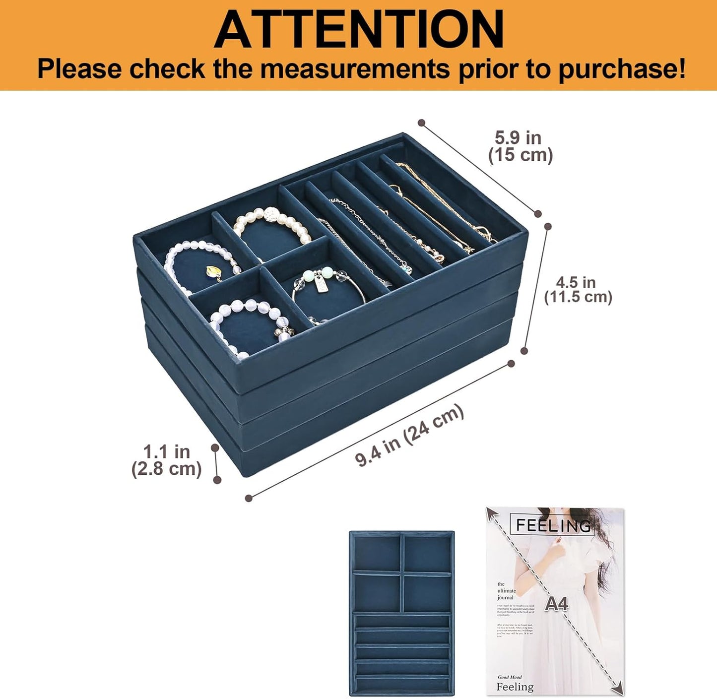 ProCase Stackable Jewelry Organizer Trays for Drawers, Jewelry Drawer Inserts Container Display Case Storage for Earring Necklace Rings Bracelet with Removable Dividers -Darkblue, 4 Layers