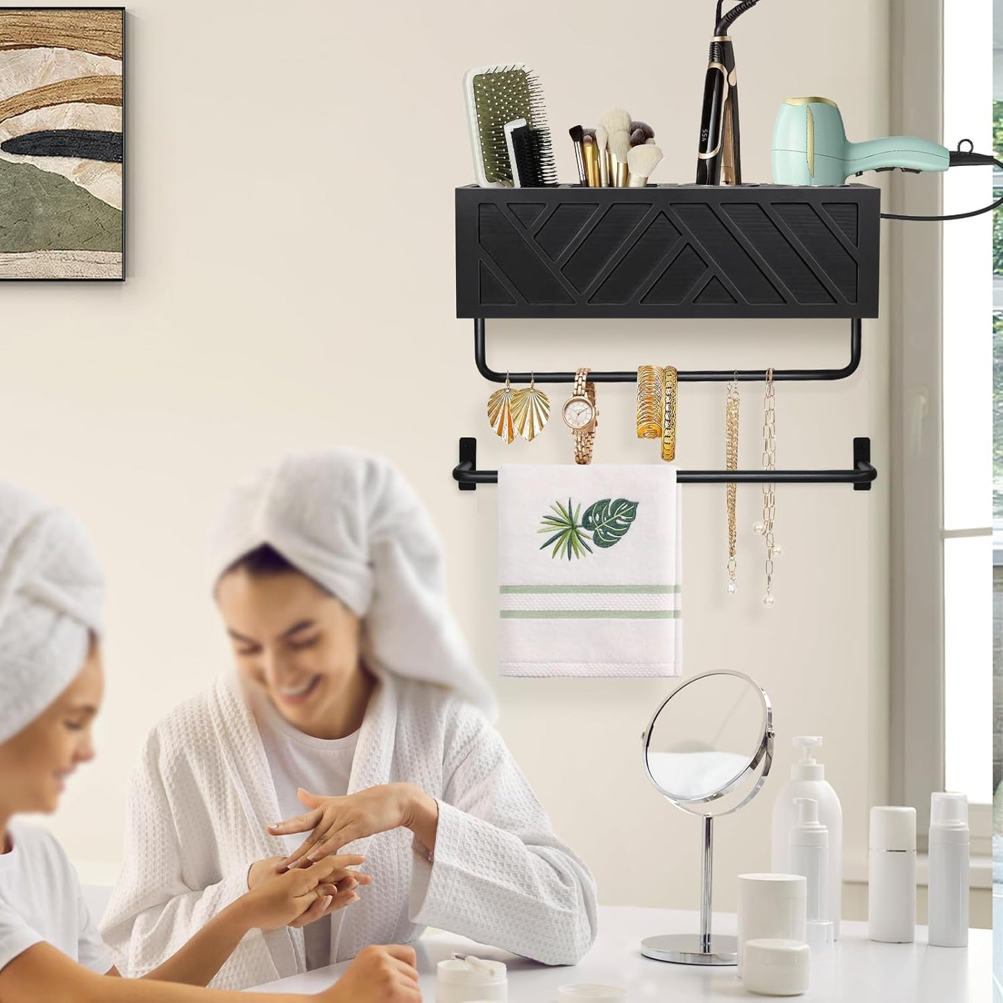 Hair Tool Organizer Wall Mount, Hair Dryer Holder with 2 Towel Bars, Wood Hot Tools Organizer, Rustic Bathroom Organizer Blow Dryer Holder for Bathroom Decor, Flat Iron, Curling Wand, Brushes(Black)