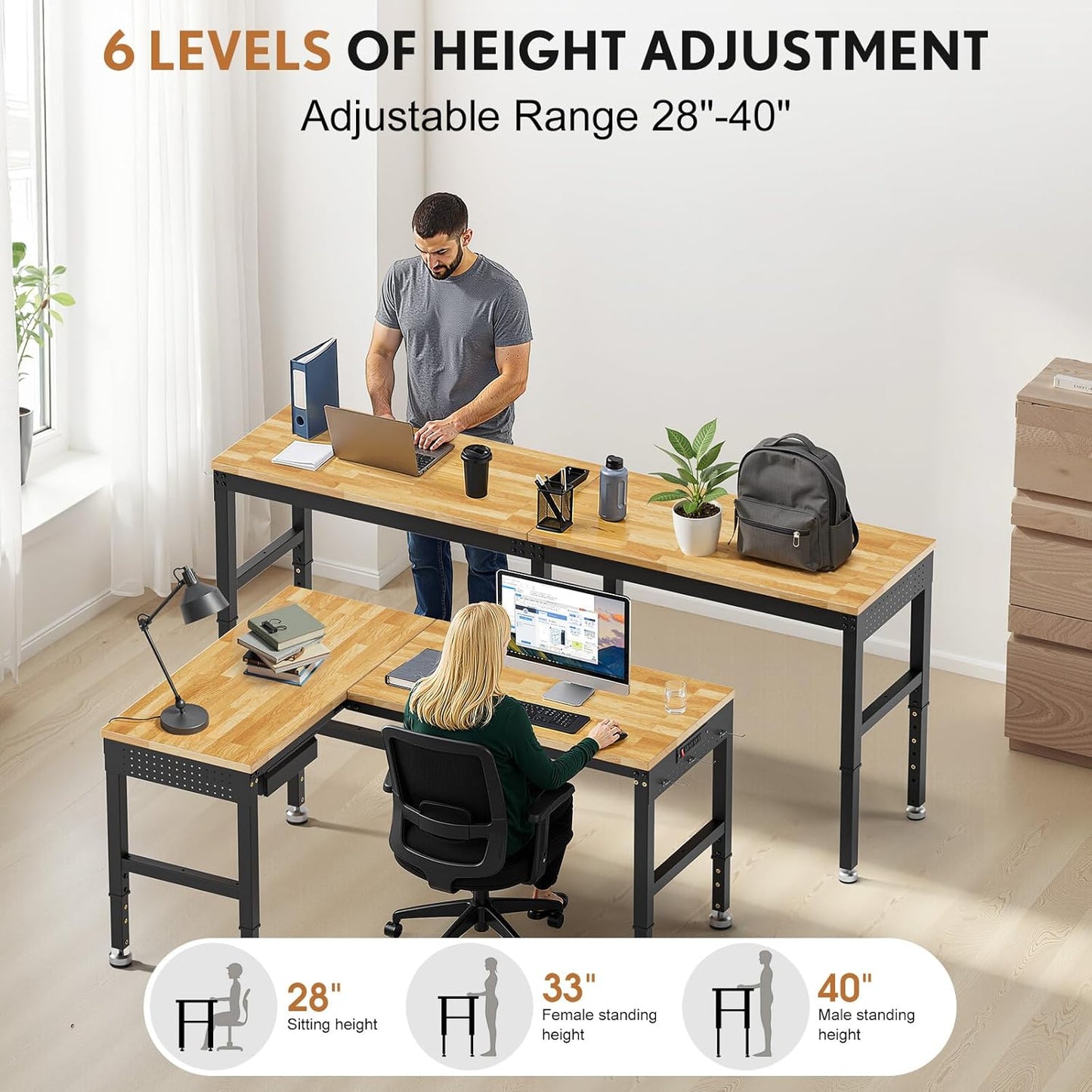 96”L-Shaped Heavy Duty Work Bench, Heights Adjustable Workbench, 5000 LBS Load Capacity, Work Benches for Garage with Power Outlet & Pegboard, Rubber Wood Work Table for Office, Workshop, Home