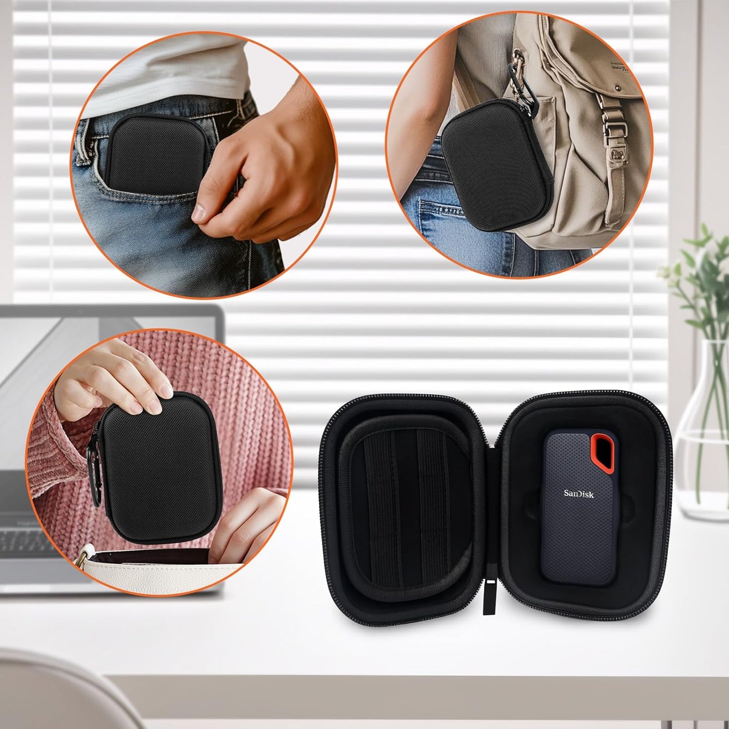 Hard Case for SanDisk Extreme Portable SSD 500GB 1TB 2TB 4TB 8TB External Solid State Drive Case -Custom-Insert Shockproof Protective Storage Travel Bag for SSD SD Card Holder (Black)