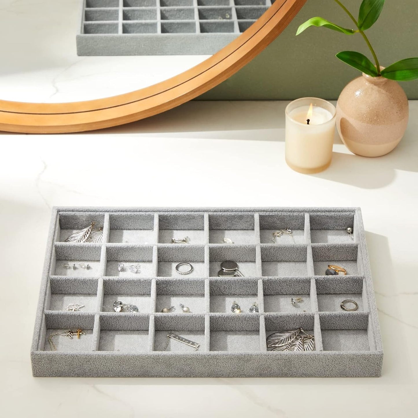 Juvale Velvet Jewelry Organizer Tray - Earring Tray Insert with 24 Compartments - Stackable Jewelry Drawer Organizer - Includes Bracelet Holder Slots - Gray, 14 x 10 in