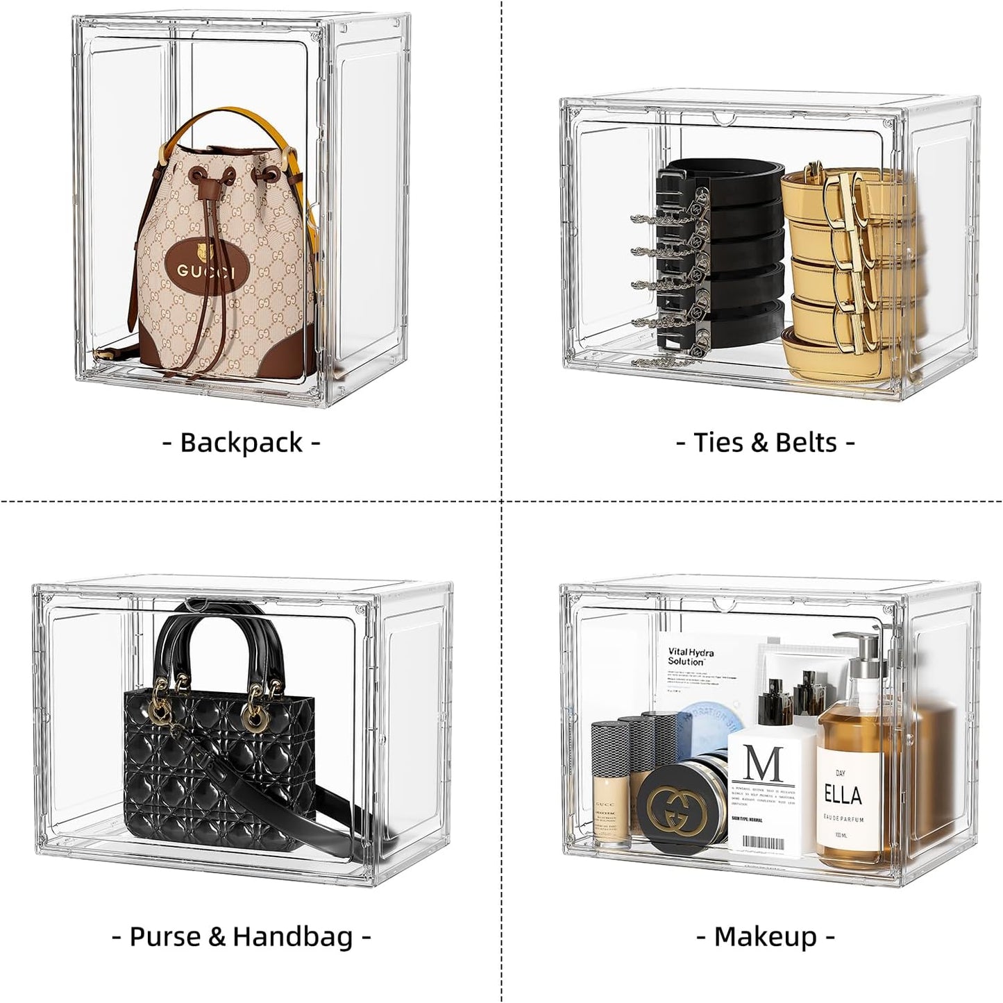 Clear Display Case for Collectibles, Purse Organizer for Closet, Handbag Storage Organizer 5 Pack Stackable Storage Boxes with Magnetic Lid for Shoes, Books, Purse, White