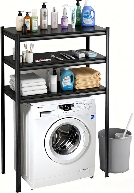 Height-Adjustable Bathroom & Laundry Storage Shelf, 3-Tier Metal Organizer Rack for Washer Dryer, Sturdy Shelving Unit for Bathroom Essentials, 63 x 35.4 x 13.8 Inches
