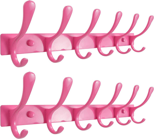 SKOLOO Wall Mounted Coat Rack - 6 Hooks, Pack of 2, Heavy Duty, Stainless Steel, Metal Wall Hanger, Sturdy Coat Hooks for Hanging Coats, Jackets, Clothes, Hats - Pink