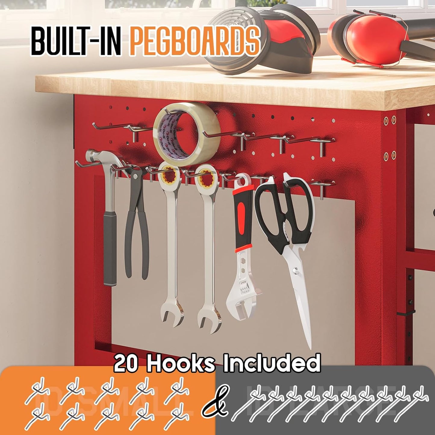 SPECRAFT 72" Red Adjustable Heavy Duty Workbench with 4 AC Outlet and 2 USB Ports Power Outlets, 6000 Lbs Capacity, Rubber Wood Top for Garage, Workshop, Office