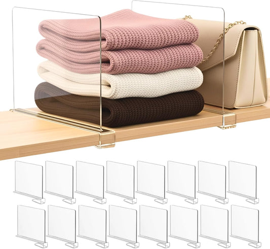 Shelf Dividers Purse Organizer for Closet: 16-Pack Acrylic Bag Storage Organizer for Handbags, Clutches, Clothes, Sweater, Towel on Wood Shelves