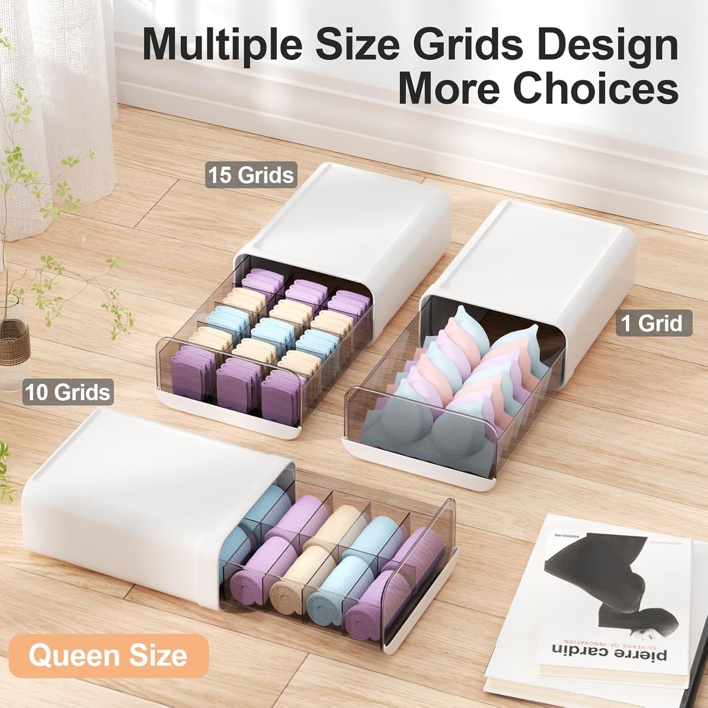 Underwear Organizer Drawer, 1 Cell Plastic Sock Underwear Storage Drawer, Stackable Closet Organizers and Storage Box for Bras, Socks, Scarves, Ties, Belt (Queen Size-White, 1 Pcs)