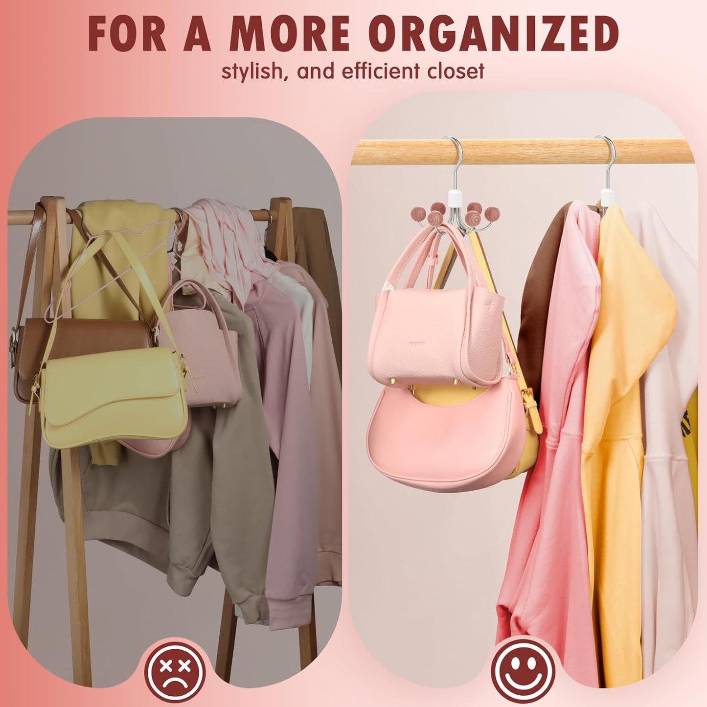 DOIOWN Purse Organizer,4 Pack Space Saving Purse Hangers for Closet,Multi Purpose Rotating Tank Top Hangers for Bags, Bras,Scarfs,Ties, Hoodies, Hat Closet Organizers and Storage