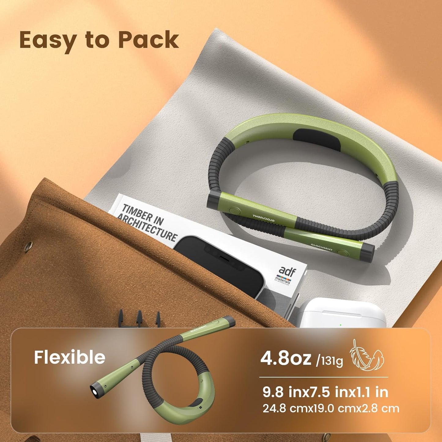 Glocusent Book Light, 3-Color & 6-Brightness Reading Light, Bendable Neck Light, 80-hr Lasting Rechargeable Book Light, Perfect Reading Lights for Books in Bed, Knitting, Repairing, Book Lovers Gifts