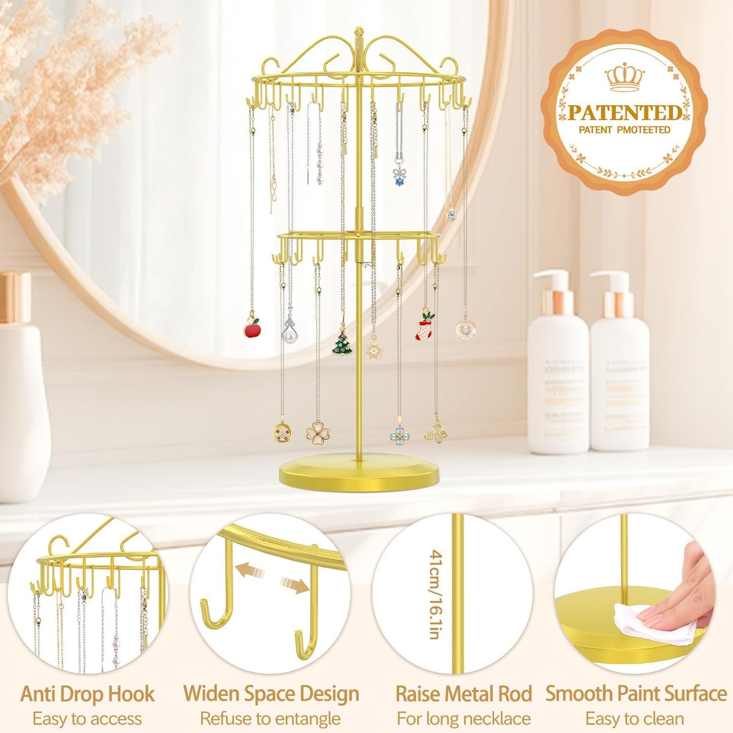 MODOWEY Rotating Necklace Holder Organizer Display Stand with 42 Hooks, 2 Tier Adjustable Metal Tree for Long Necklace Hanger Selling, Tall Spinning Bracelet Storage Rack for Men Women, Gold