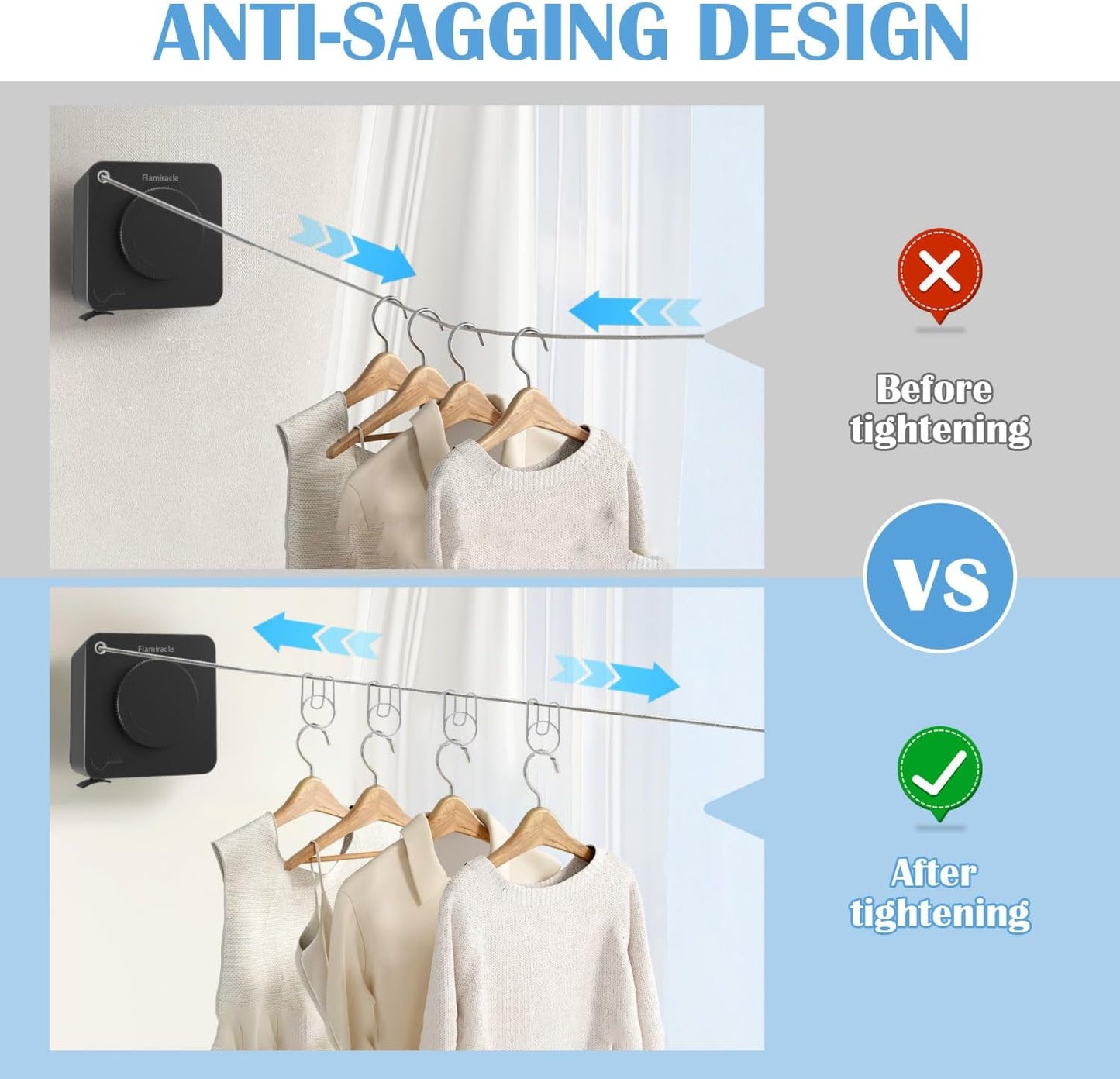 Retractable Clothesline Indoor, Non-Sagging Outdoor Clothes Line Retracting 15.7 Feet Heavy Duty Laundry Line Retractable Wall Mounted Clothes Line Outdoors (Square-Black)
