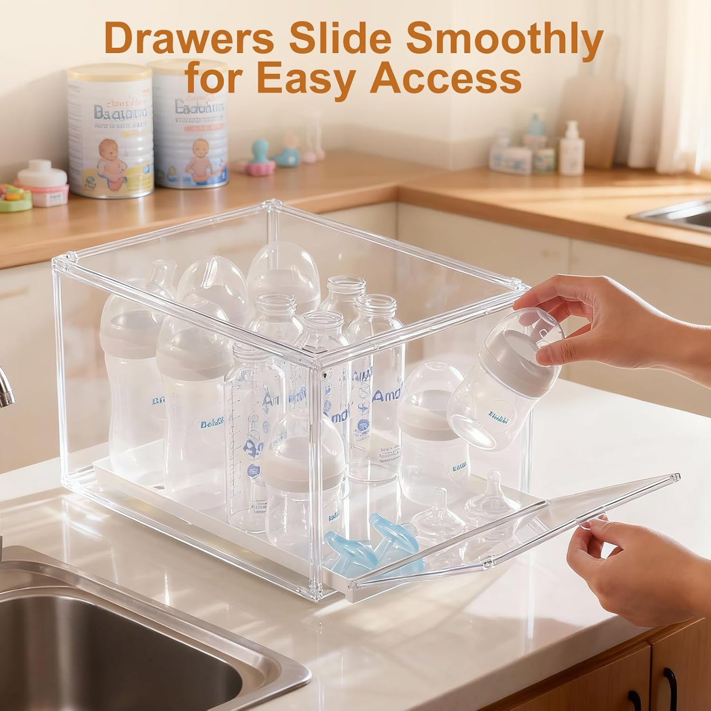 Baby Bottle Organizer, Clear Stackable Acrylic Storage for Countertop Cabinet, Baby Bottle Station Organizer with drawer for Pacifiers, Pump Parts