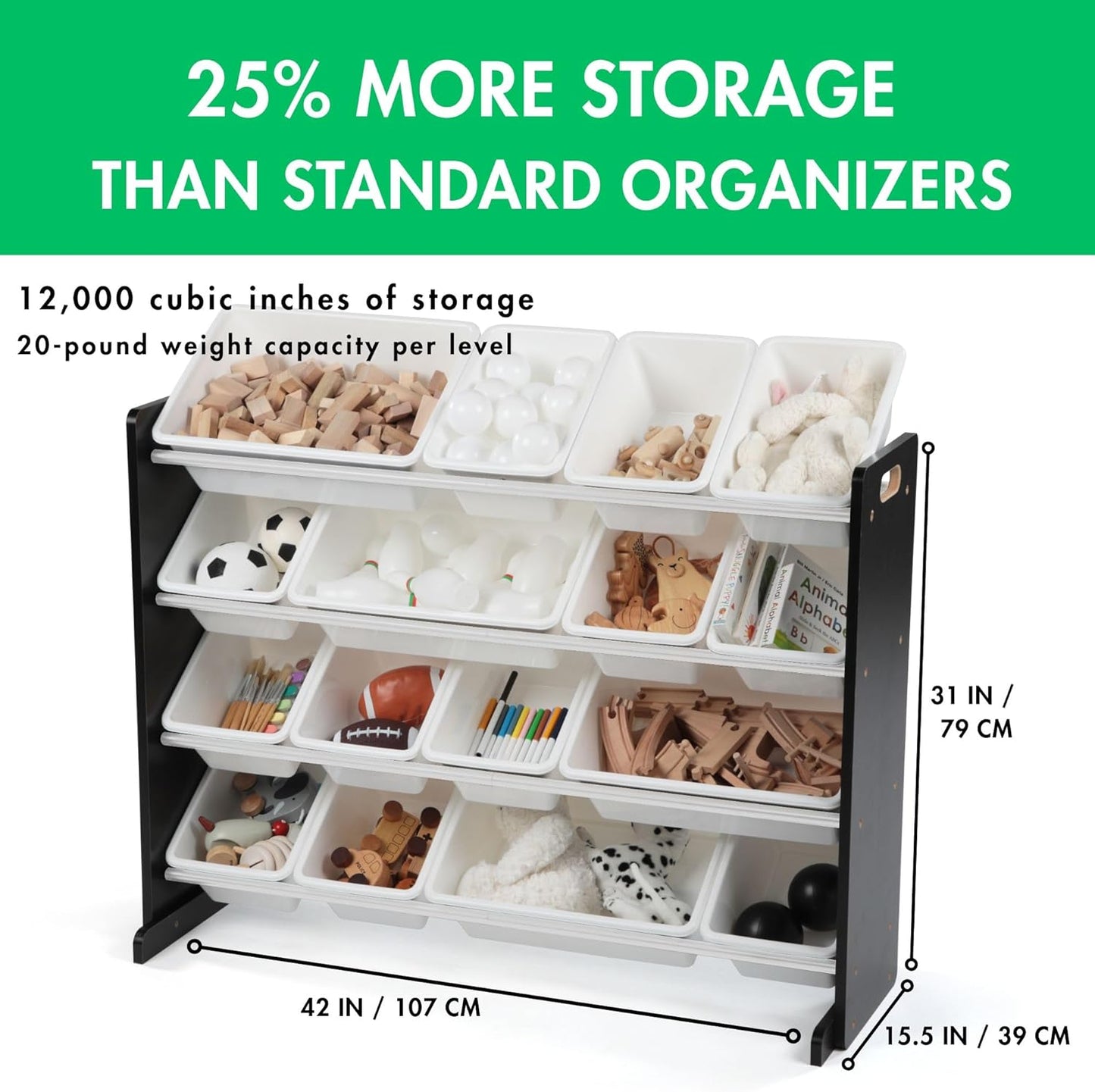 Humble Crew Supersized Toy Storage Organizer with 16 Removable Bins, Black/White – Large Toy Storage for Toddlers Ideal for Kids' Rooms, Playrooms, and Nurseries - Modern Toy Bins for Kids