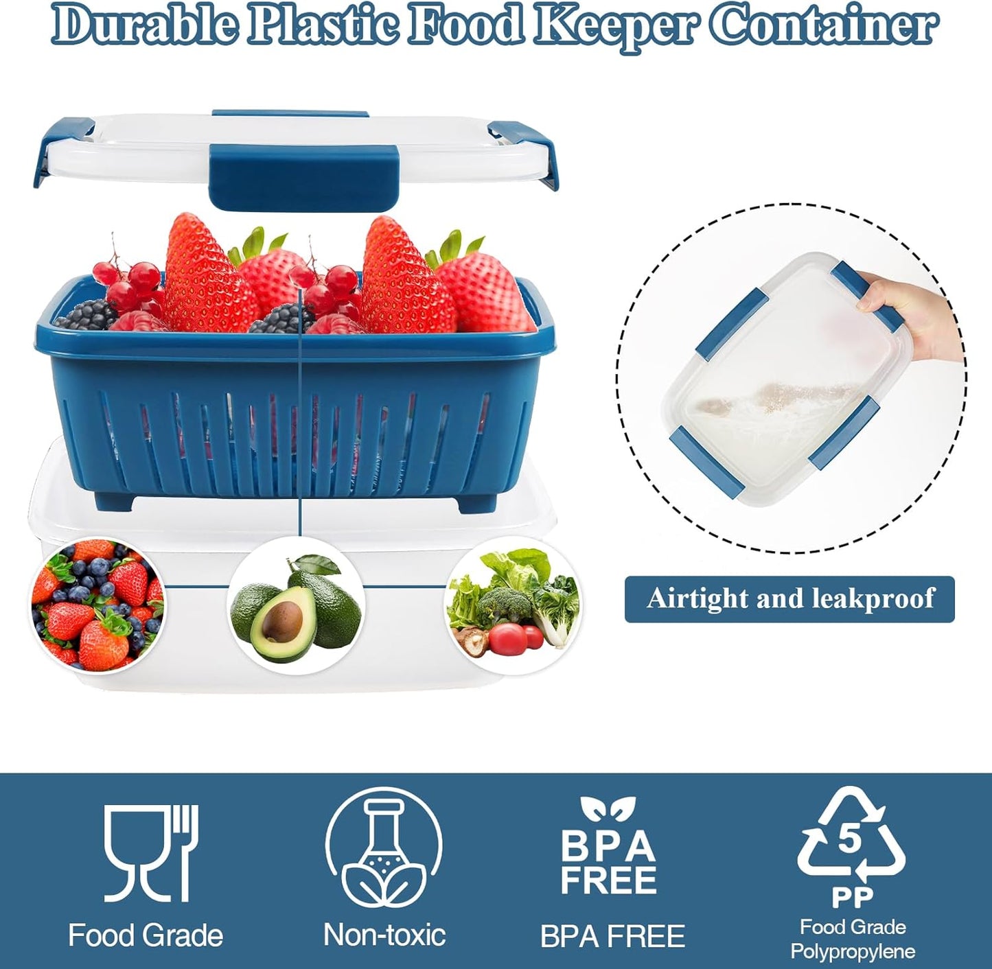 68oz Berry Keeper Fruit Storage Container for Fridge, Fresh Food Produce Saver Containers with Removable Drain Colanders, Vegetable Lettuce Keeper Bowl, Refrigerator Organizer, PRESS TO OPEN CLOSE LID