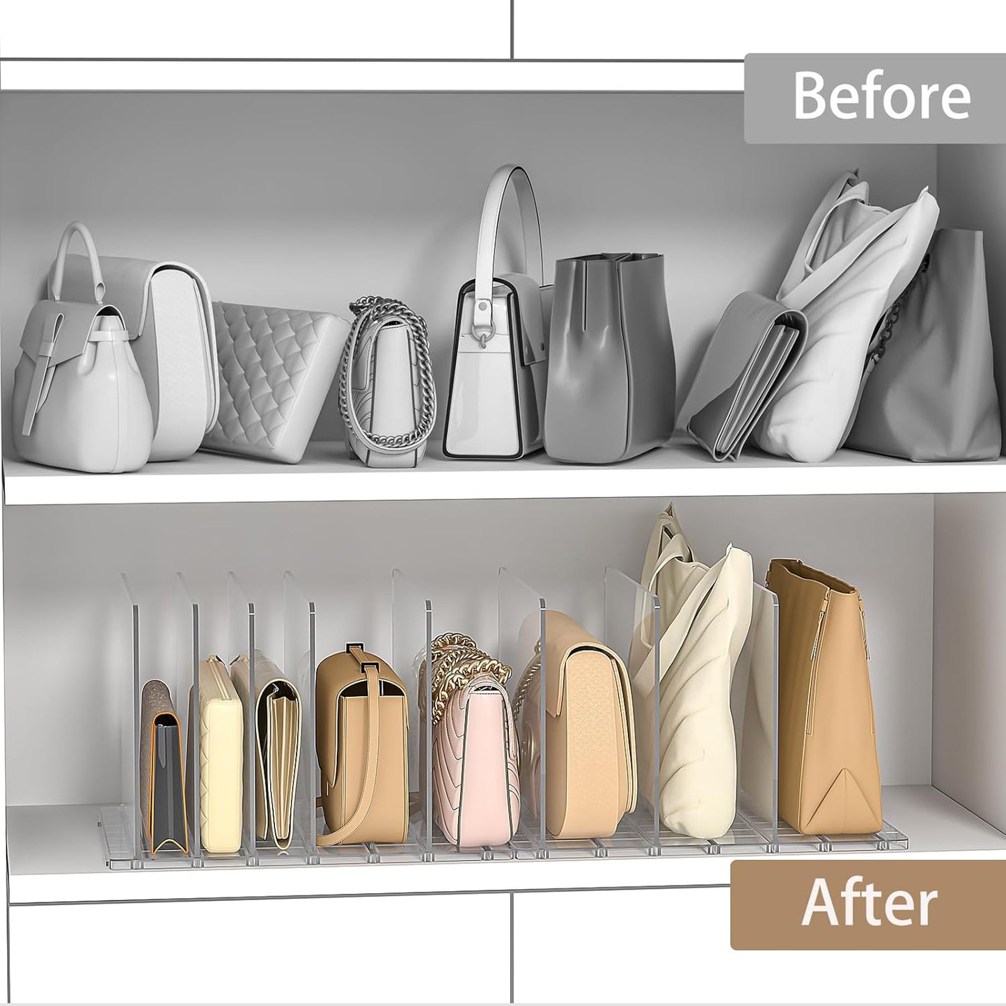 Bag Purse Organizer for Closet: Shelf Dividers Adjustable Acrylic Handbag Storage - Plastic Closet Organizers and Storage for Clutches - Keep Carteras & Pocketbook Upright
