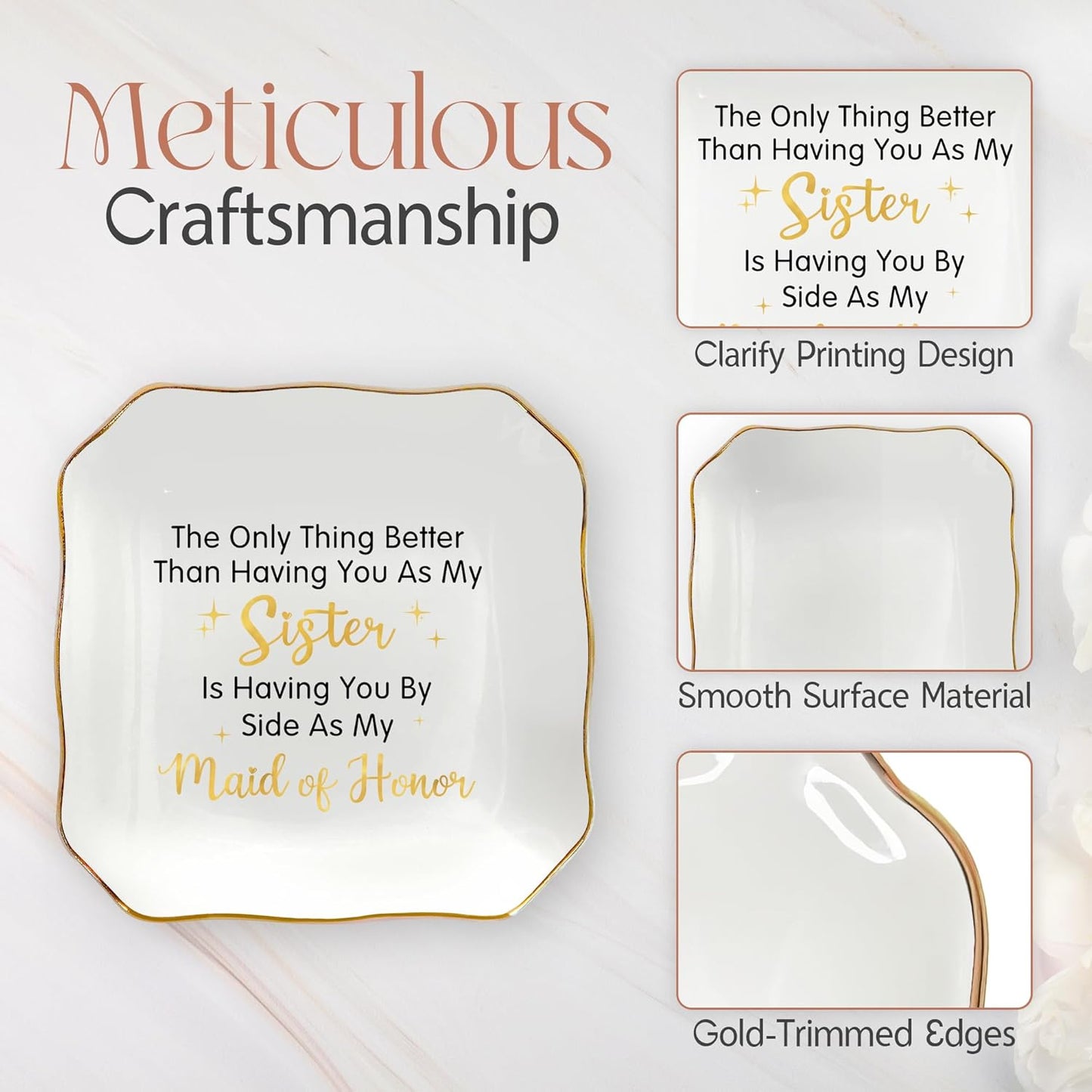 OASSIE Christmas Maid of Honor Gifts for Women - 4"x4" Ceramic Jewelry Dish Tray - Christmas Wedding Bridesmaid Gifts for Sister, Ring Holder for Women, Jewelry Tray for Maid of Honor Proposal