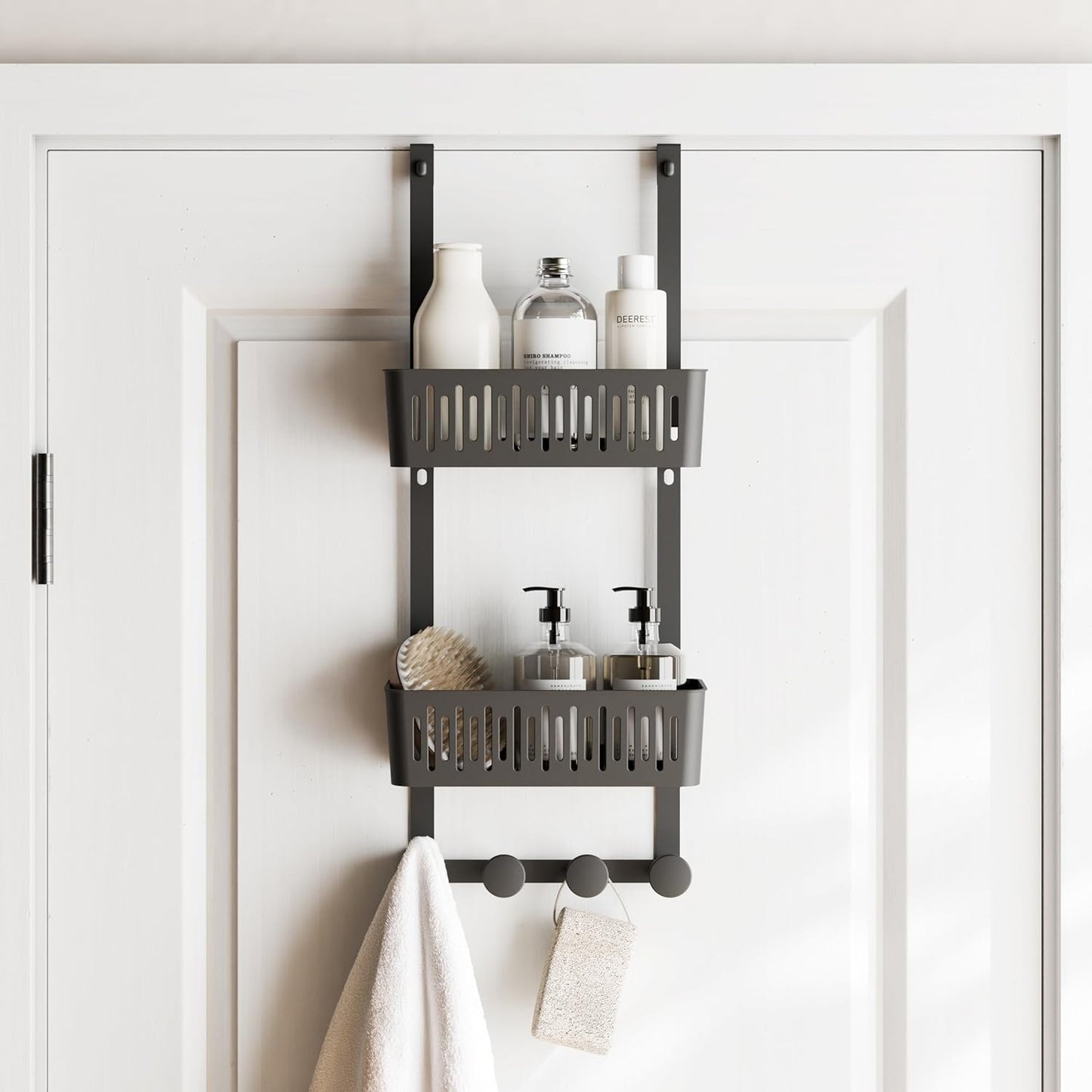 Zenna Home SnugFit Over the Door Caddy Organizer with 2 Storage Baskets and 4 Hooks, Over Door Hanging Organizer for Bathroom, Kitchen, Bedroom, Closet, Easy to Install, No Drilling, Black