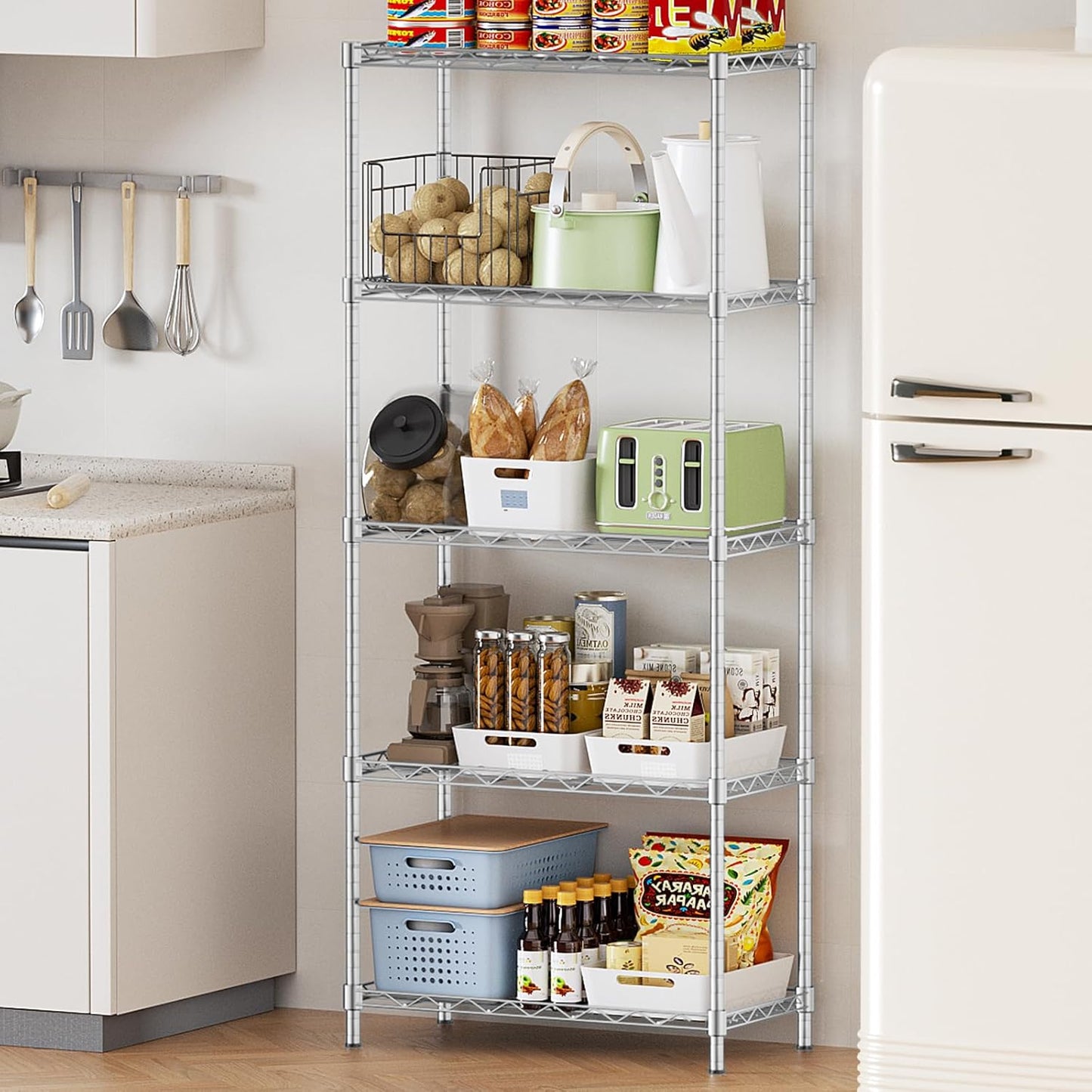 Storage Shelves,21.3"W*11.8"D*58.5"H Kitchen Wire Shelving Unit Loads 550LBS,5-tier Adjustable Metal Utility Shelf,Garage Shelves,Home Storage Rack for Kitchen,Laundry,Pantry and Closet,Chrome