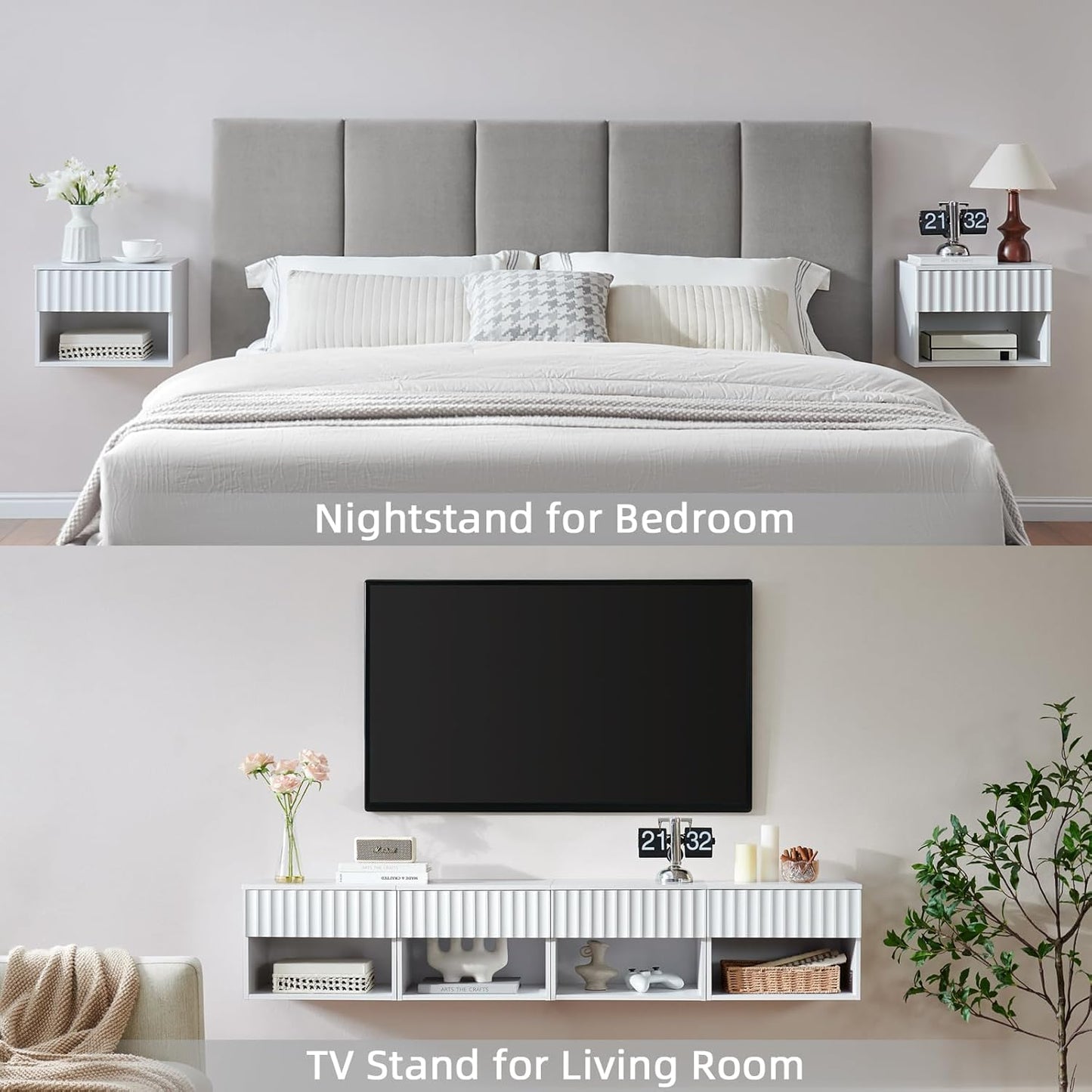 Floating Nightstand with Fluted Drawer - Modern Wall Mounted Bedside Table with Open Storage Shelf, Small Night Stand TV Stand for Bedroom(Matte White)