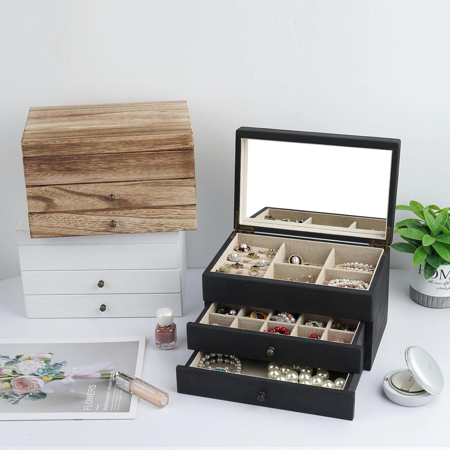 Meangood Jewelry Box Organizer for Women, 3 Layer Large Jewelry Storage Case, Rustic Wooden Jewelry Box with Mirror & Ring Tray for Necklace Earring Bracelets Rings, Vintage Style (Black)