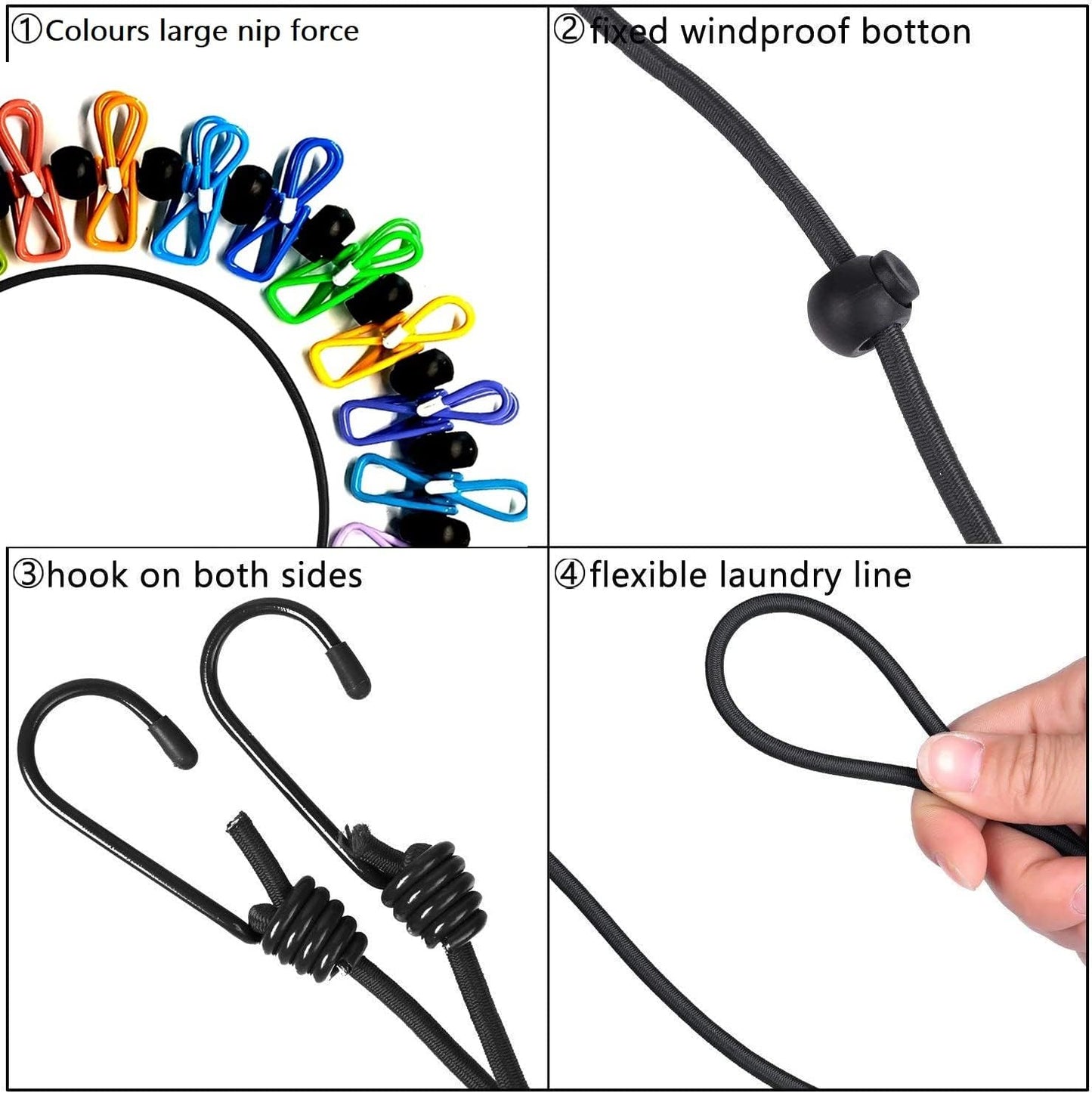 2 Pack Portable Clothesline with 12 Clothespins, Windproof Travel Clothesline Stretchy Retractable Elastic Laundry Clothes Line for Backyard, Vacation Hotel, Balcony Clothes Drying Line