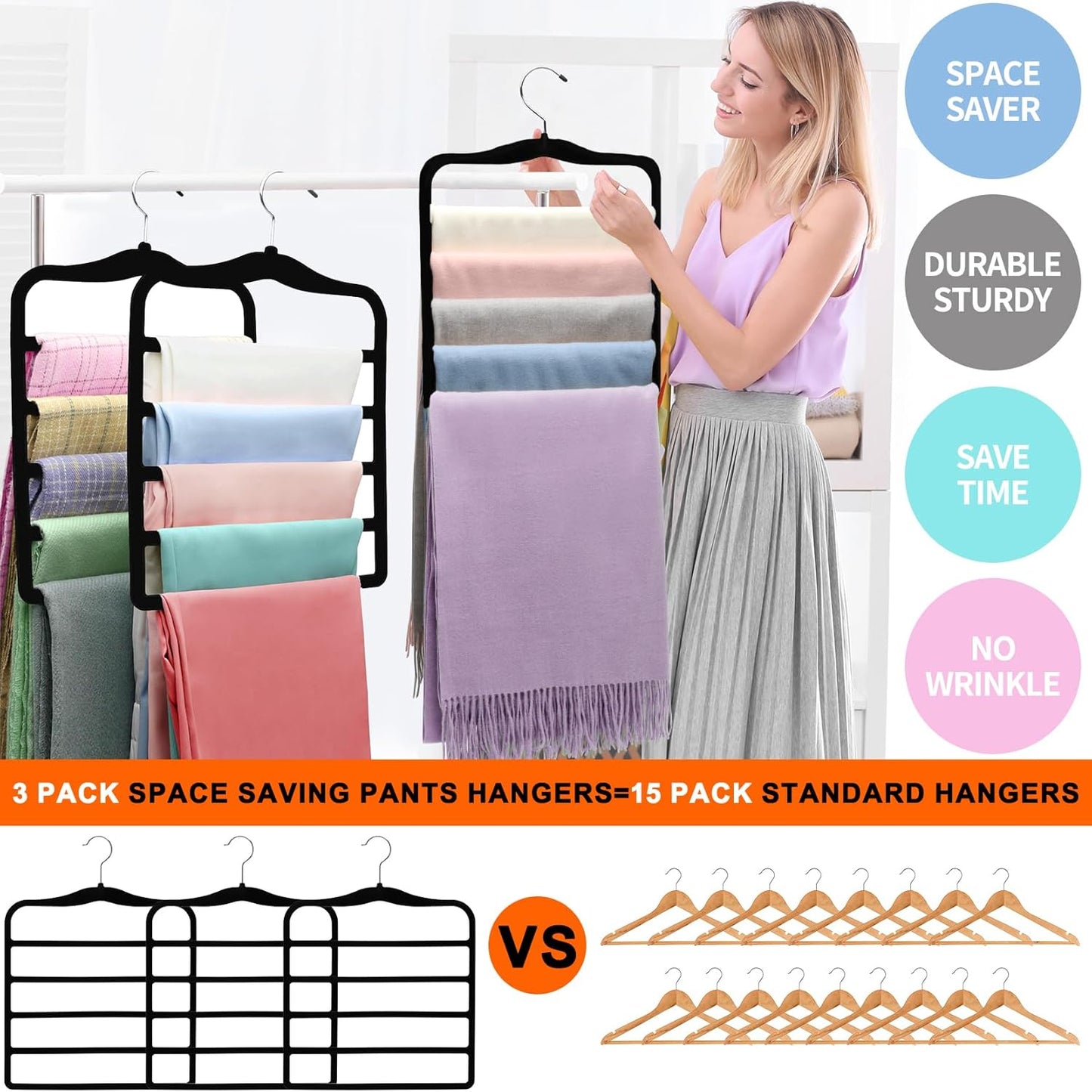 Closet Organizers and Storage,5 Pack Pants Hangers Space Saving,Velvet Hangers, Dorm Room Essentials for College Students Girls Boys Guys,Non Slip Organization and Storage Scarf Jeans Hangers