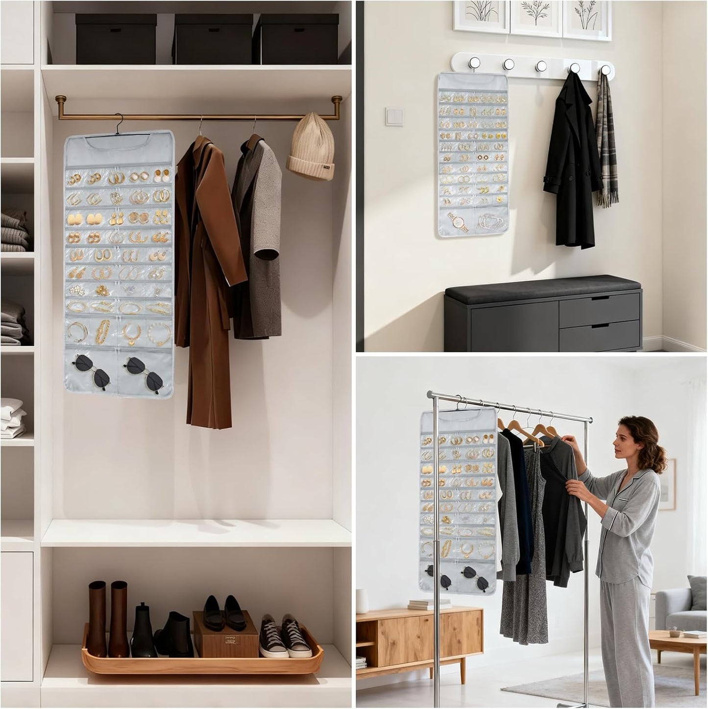 FOREGOER Hanging Jewelry Organizer with 88 Zippered Pockets, Dustproof Foldable for Travel, Accessories Organizer for Holding Jewelries, Earring Organizers and Storage ((Gray)