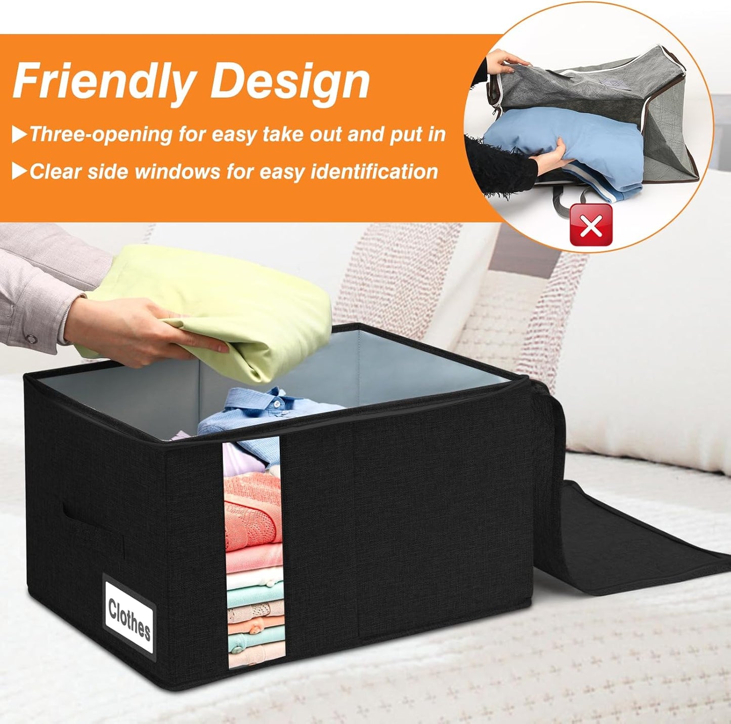 60L Comforter Storage Bag, Sturdy Construction Blanket Storage Bin with Durable Handles, Storage Bags for Clothes with Dual Zipper for Sheet Quilt Sweater Bedding Pillow, Black