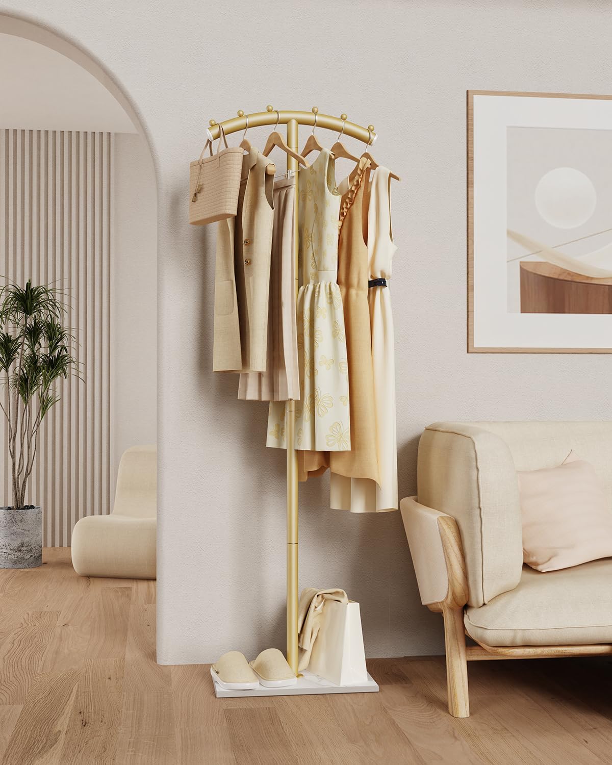 Arcuate Garment Rack, T-shaped Coat Tree Freestanding, Metal Coat Racks, Natural Stable Rock Base, Suitable For Entrances, Corridors, Halls, 68.9in, Gold