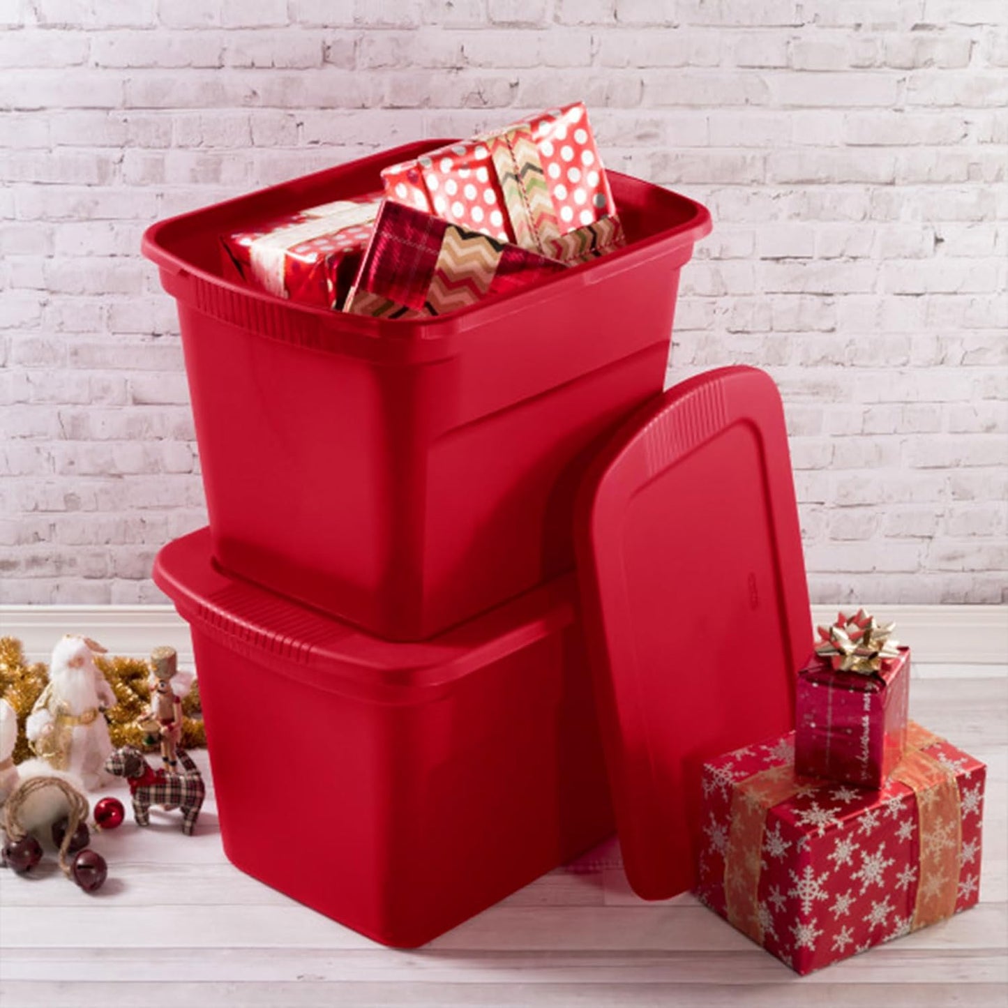 Sterilite 18 Gallon Plastic Stackable Storage Tote Container, Seasonal Home Decor, and Garage Organizer Bin with Lid, Red (8 Pack)