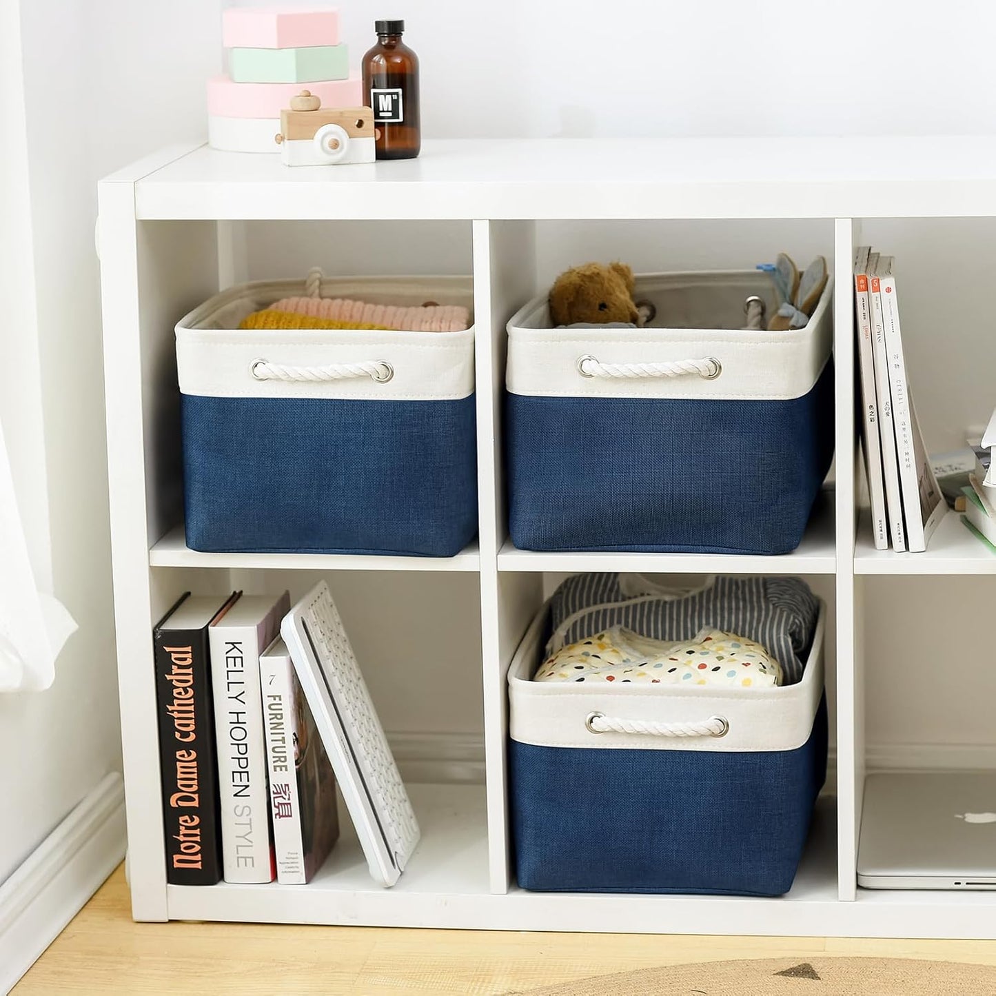 Organization and Storage Basket for Shelves - 16x12x8 inch Large 3 Pack Canvas Storage Bin Collapsible Baskets for Organizing, Fabric Storage Cubes for Cloth Laundry (White&Deep Blue)