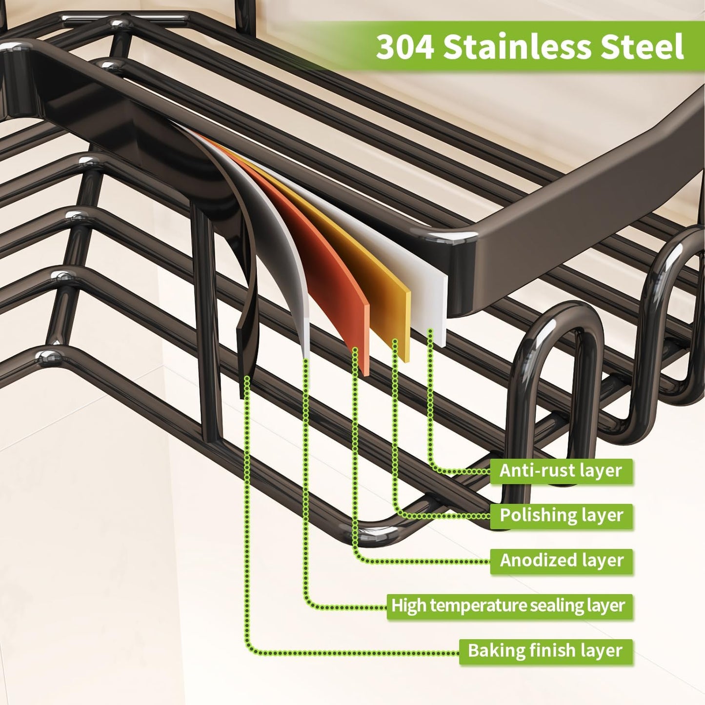 Corner Shower Caddy with Soap Holder, 2 Pack Stainless Steel Corner Shower Organizer with 11 Hooks, No Drilling & 6 Strong Adhesives Corner Shower Shelf Bathroom Organizer for Shower Room, Black