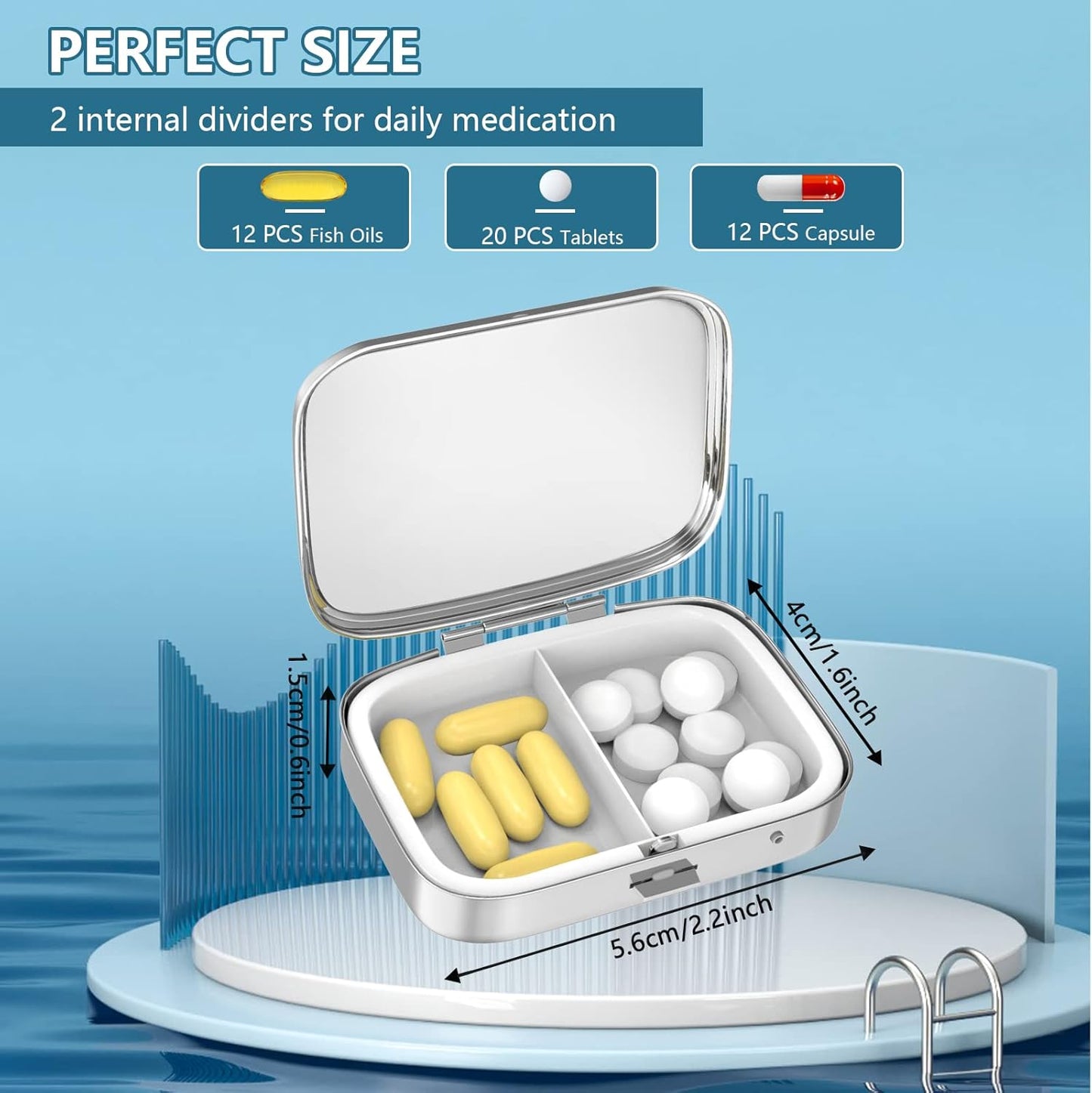 Pill Box 2 Compartment Small Pill Case,Portable for Pocket or Purse Pill Organizer Pill Container Holder to Hold Vitamins, Medication, Fish Oil and Supplements(Gray Marbling Gold)
