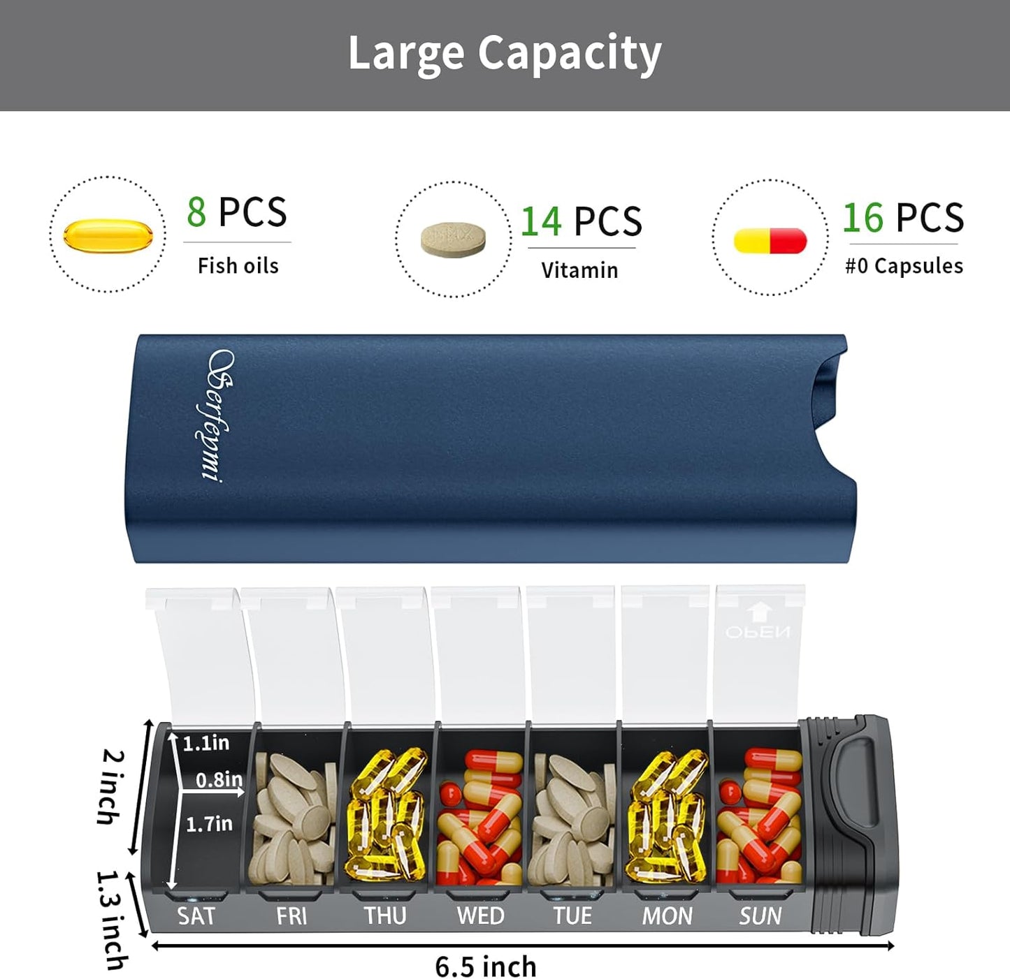 Metal Weekly Pill Organizer, Serfeymi Aluminum Daily Pill Box(Spare Gasket Provided),7 Day Pill Case Travel Medicine Organizer,Pill Containers with Individual Lid for Vitamins,Pills, Supplement-BL+BK