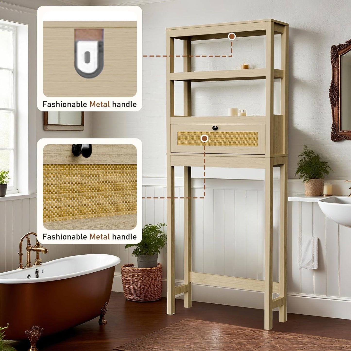Over The Toilet Storage Cabinet, Behind Toilet Bathroom Organizer with Adjustable Shelves, Above Toilet Organizers with Rattan Door, Space Saver for Restroom, Bathroom, Laundry