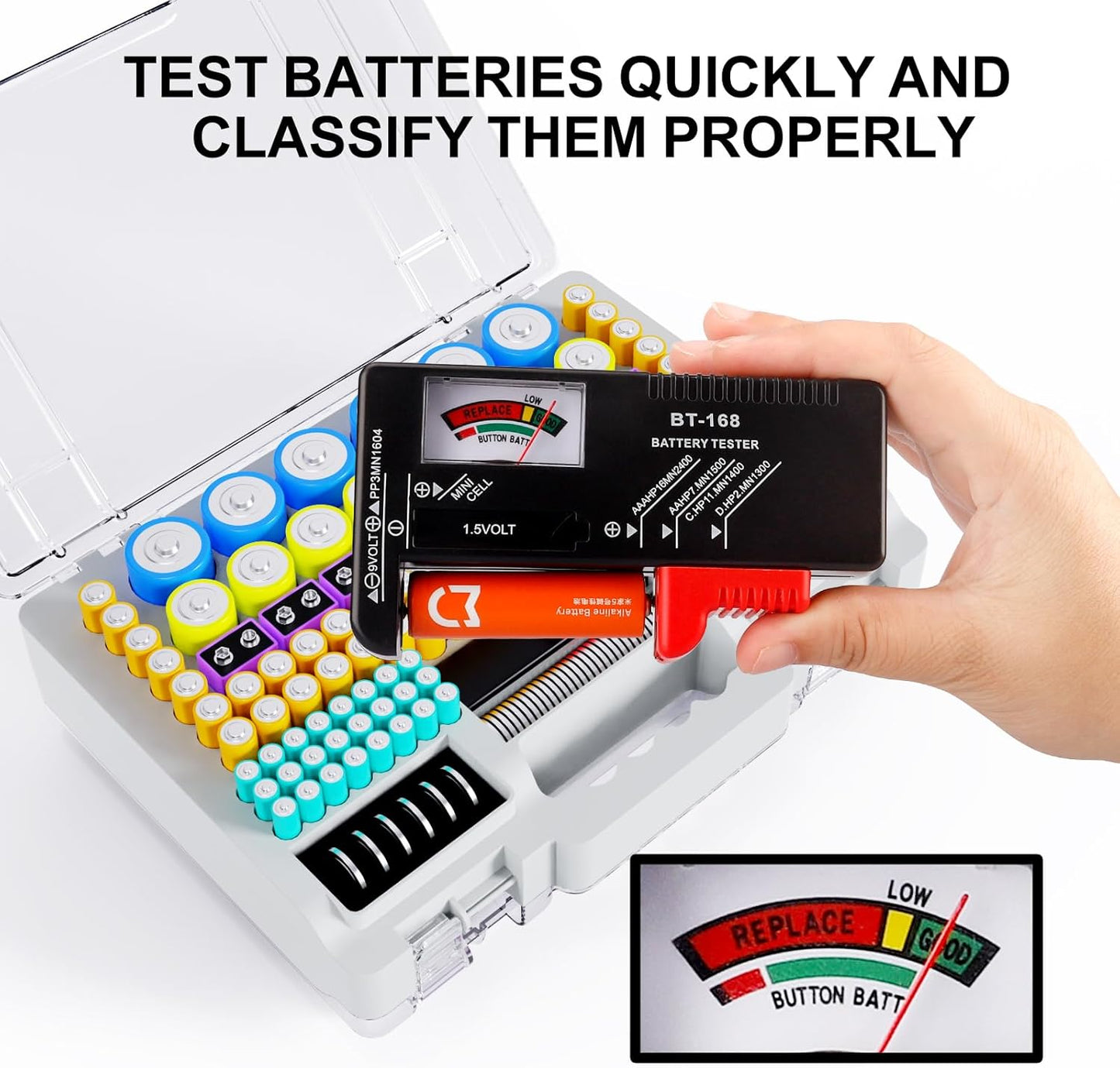 Battery Organizer Storage Holder Box Case with Tester, Ultra-Large 262+ Batteries Container with Double-Sided, Holds AA AAA 4A 23A C D Cell 9V 3V Lithium 4LR44 CR3 CR123A 18650 (Gray)