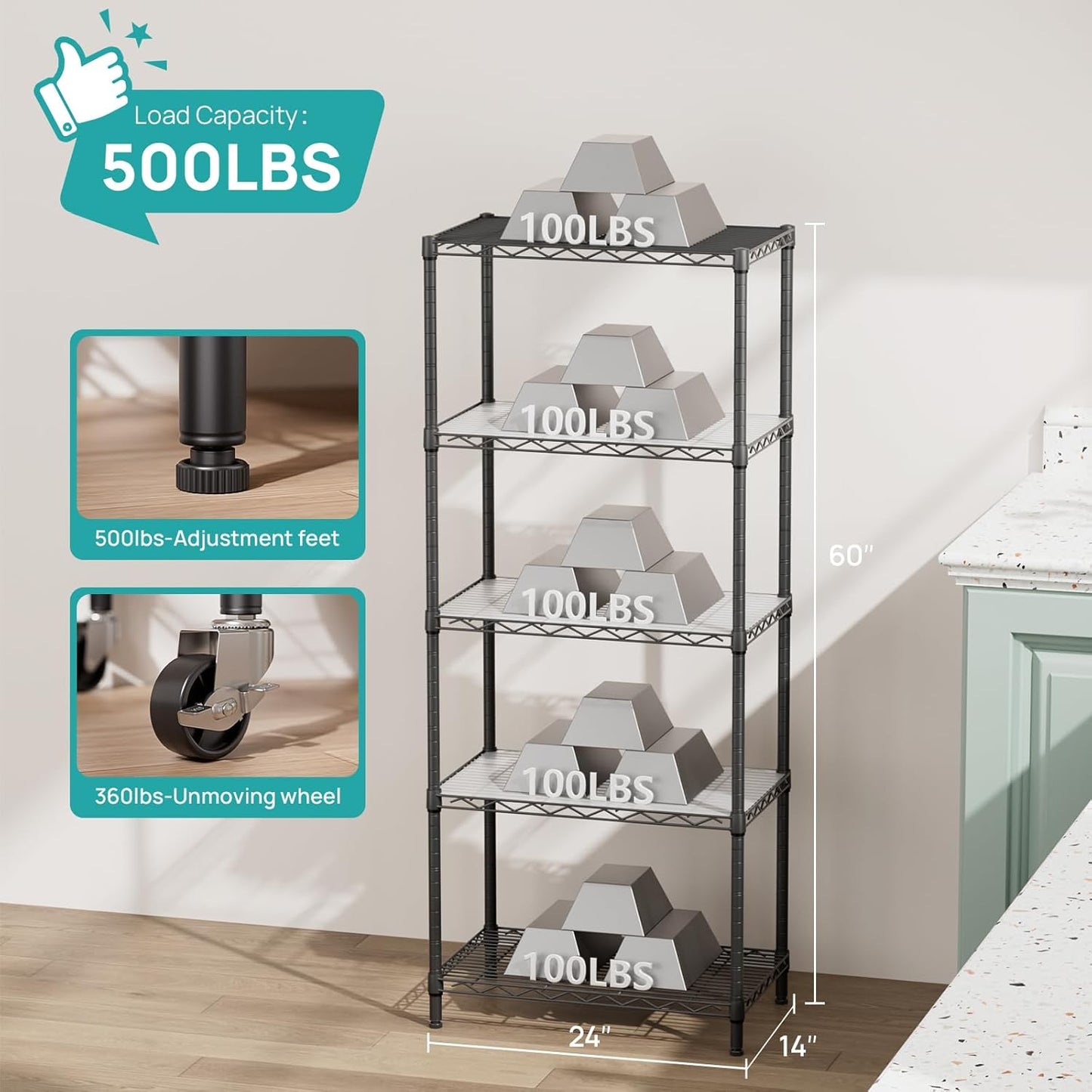 SINGAYE Shelf Closet Wire Shelving：Adjustable Metal Unit for Laundry Room Organization Bathroom Kitchen Home Storage with Wheels Pantry Rack Shelves