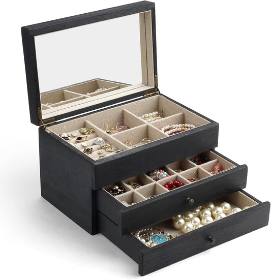 Meangood Jewelry Box Organizer for Women, 3 Layer Large Jewelry Storage Case, Rustic Wooden Jewelry Box with Mirror & Ring Tray for Necklace Earring Bracelets Rings, Vintage Style (Black)