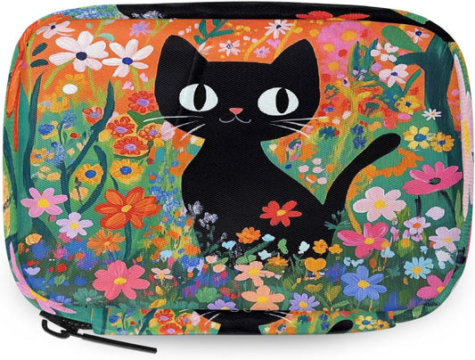 Cute Black Cat Flowers Pill Organizer Travel Medicine Case with Zipper Daily Vitamin Storage Bag Portable 8 Slot Weekly Pill Box Supplement Holder for Home Office Gym Travel
