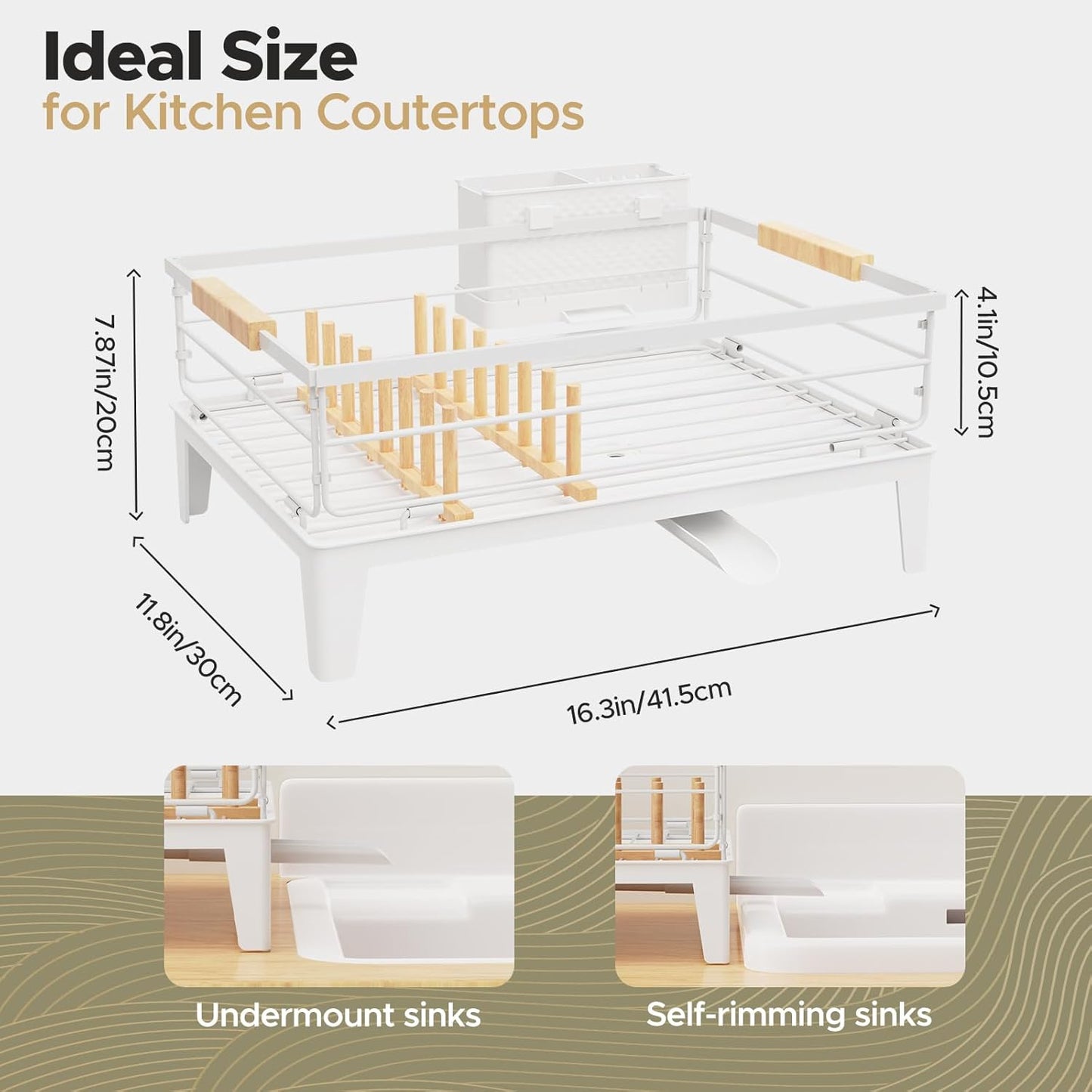 JYPS Dish Drying Rack for Kitchen Counter Decor with Drainboard Auto-Drain，Rustproof Dish Rack Drainers with Utensil Holder, Wooden Handles，360° Rotatable Drainer, Higher Legs (White)