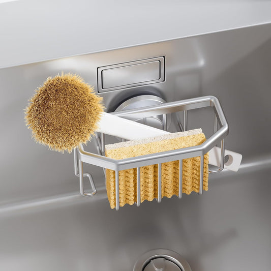 TAILI Sponge Holder for Kitchen Sink with Strong Suction Cup Removable, Rustproof Aluminum Sink Caddy for Sponge, Brush, Scrubber, Scraper -Silver