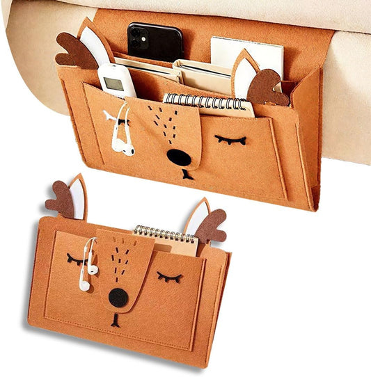 Bedside Storage Caddy Hanging Organizer Bag, Book Magazine Holder, for Magazine, Tablet, Phone, Remotes Glasses, Cute Christmas Elk Design, Brown