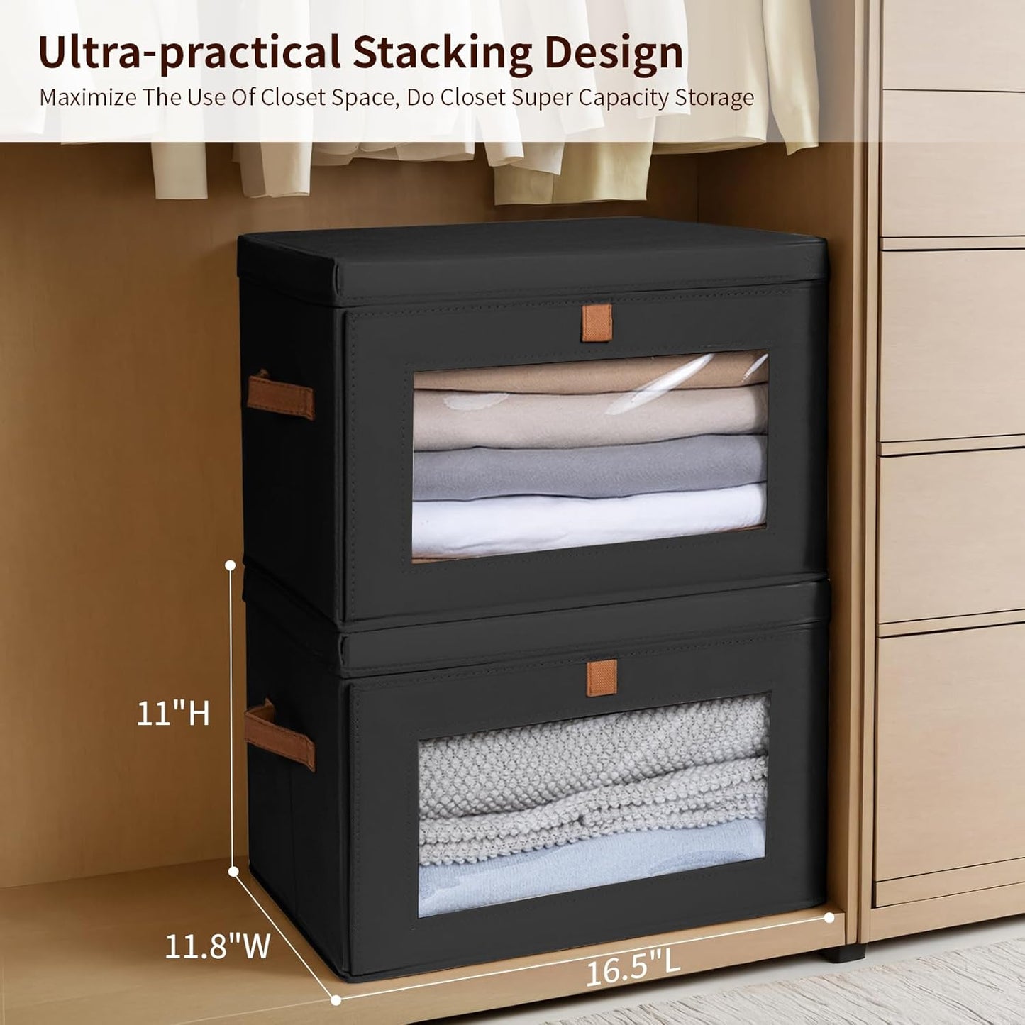 Collapsible Storage Bins - Large Stackable Organizer Bins, Decorative Boxes with Handles & Window, Fabric Containers for Living Room, Closet, Dorm, 2 Pack, Black