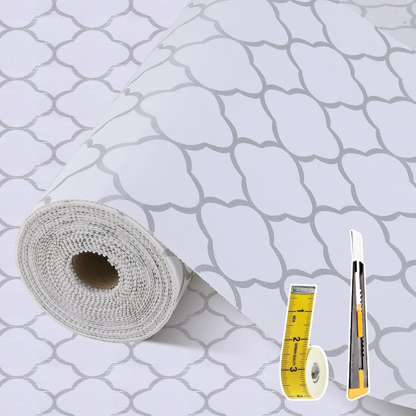 Shelf Liners for Kitchen Cabinets 17in x 20FT Non Adhesive Drawer Liner Silver Quatrefoil Shelf Liner Paper Strong Non-Slip Easy to Clean for Tool Box Refrigerator with Knife and Tape Measure