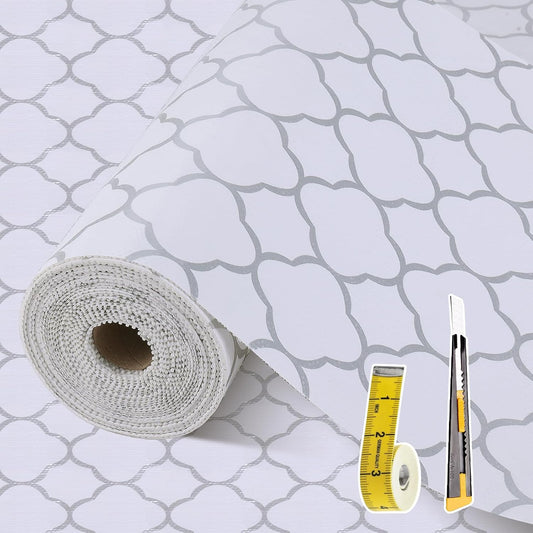 Shelf Liners for Kitchen Cabinets 12in x 30FT Non Adhesive Drawer Liner Silver Quatrefoil Shelf Liner Paper Strong Non-Slip Easy to Clean for Tool Box Refrigerator with Knife and Tape Measure