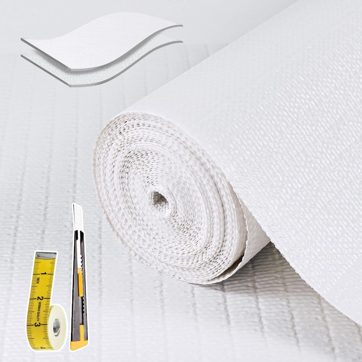 Shelf Liners for Kitchen Cabinets 12in x 10FT, Non Adhesive Drawer Liner Pure White Thickened Shelf Liner Non-Slip Easy to Clean for Tool Box Refrigerator with Knife and Tape Measure