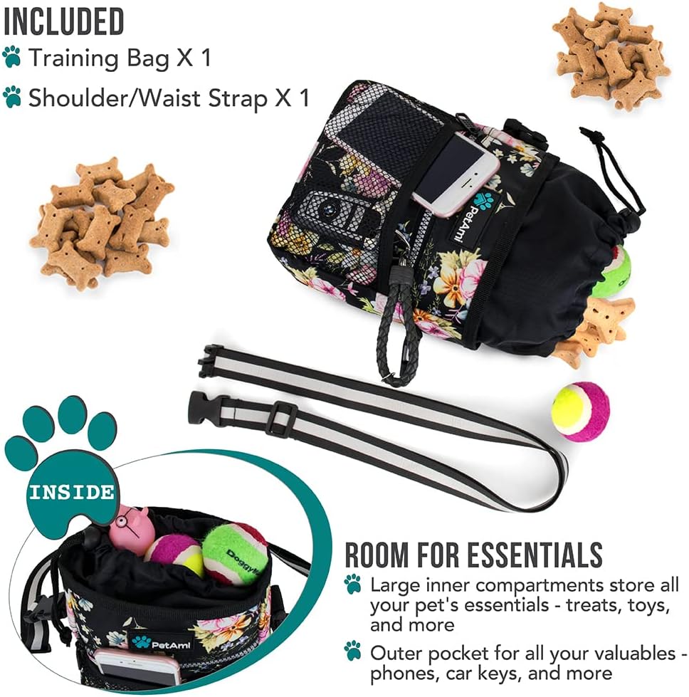 PetAmi Dog Treat Pouch, Pet Treat Pouch for Training, Dog Walking Bag Holder for Kibbles, Pet Food Toy, Dog Trainer Essentials Supplies, Poop Bag Dispenser, 3 Ways to Wear (Floral Black)